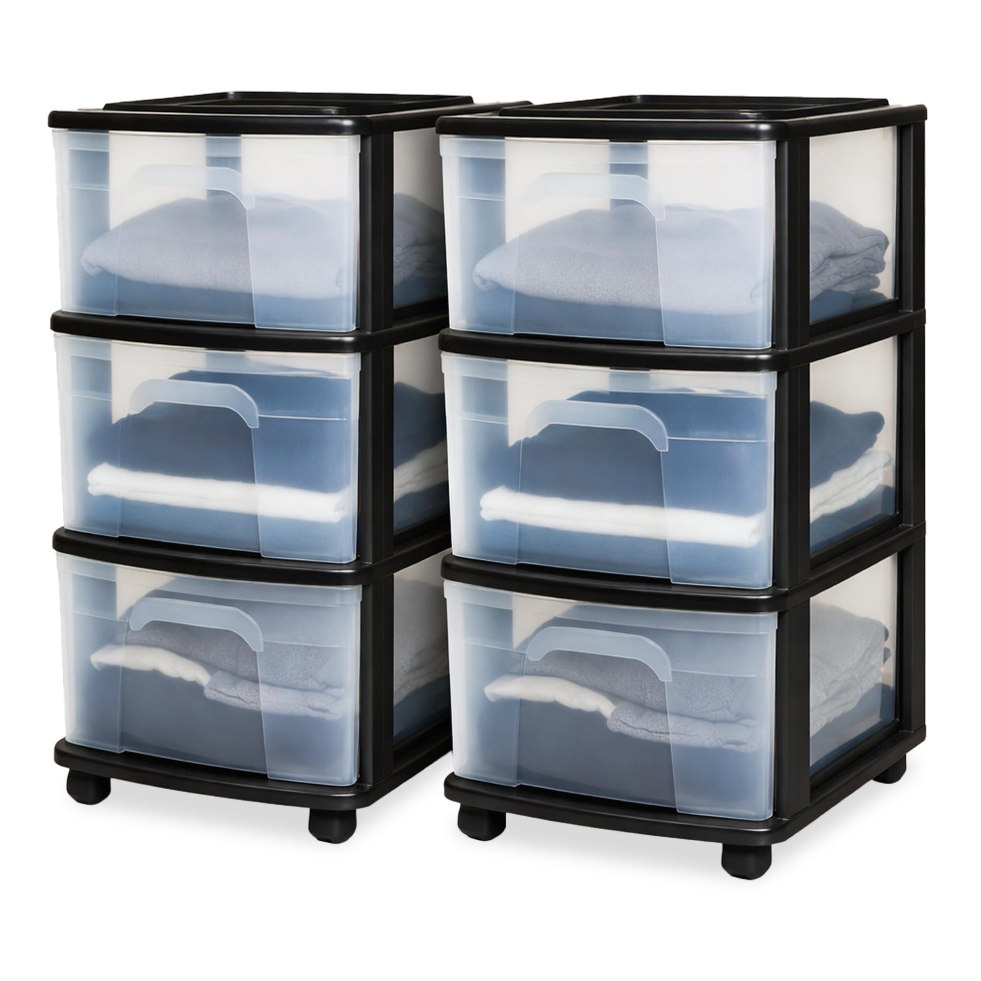 HOMZ Drawer Tower, 3-Tier Rolling Storage Cart with Removable Wheels, White Frame – Plastic Organizer with Clear Bin Drawers for Bedroom, Bathroom, Home Office, and Dorm Room