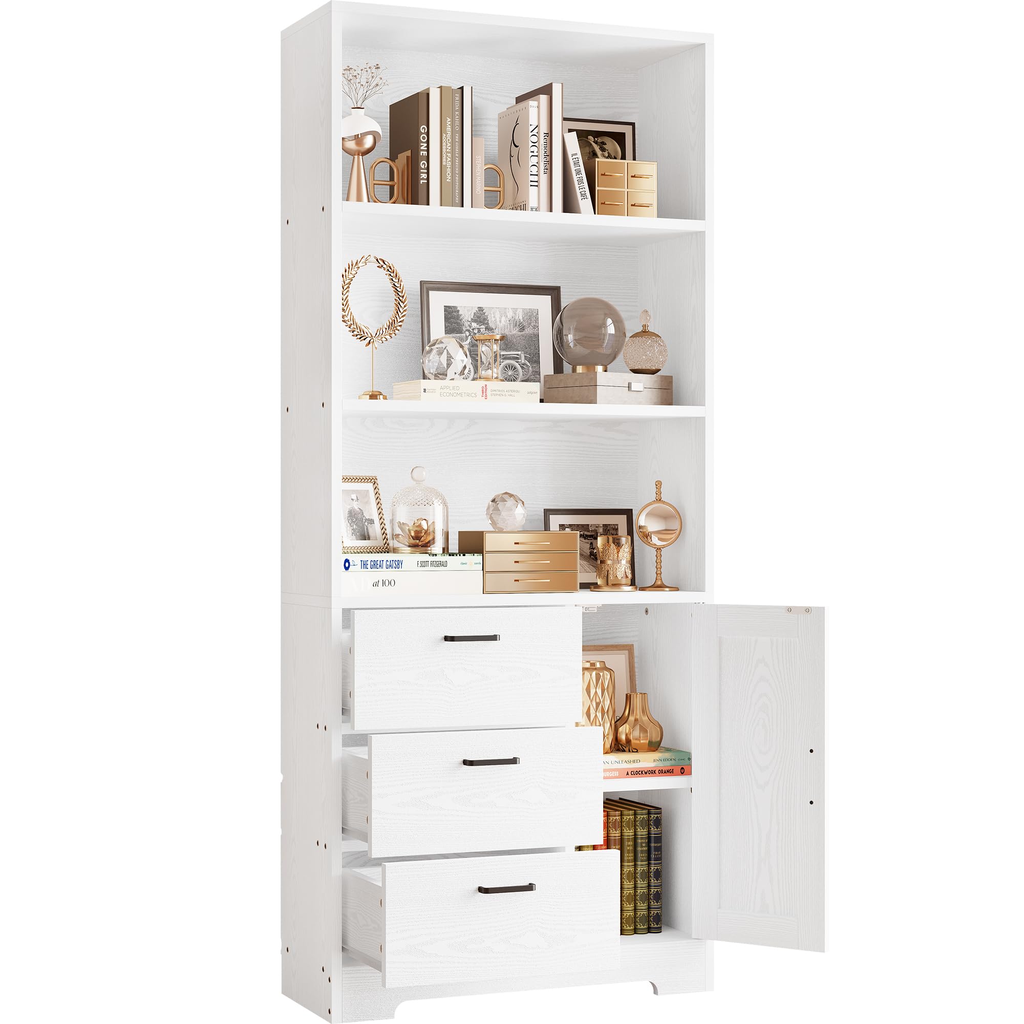 IRONCK Bookshelf with Drawers, 71 in Tall Bookcase with Doors and 3-Tier Shelves, for Bedroom Living Room Entrance Hallway Home Office