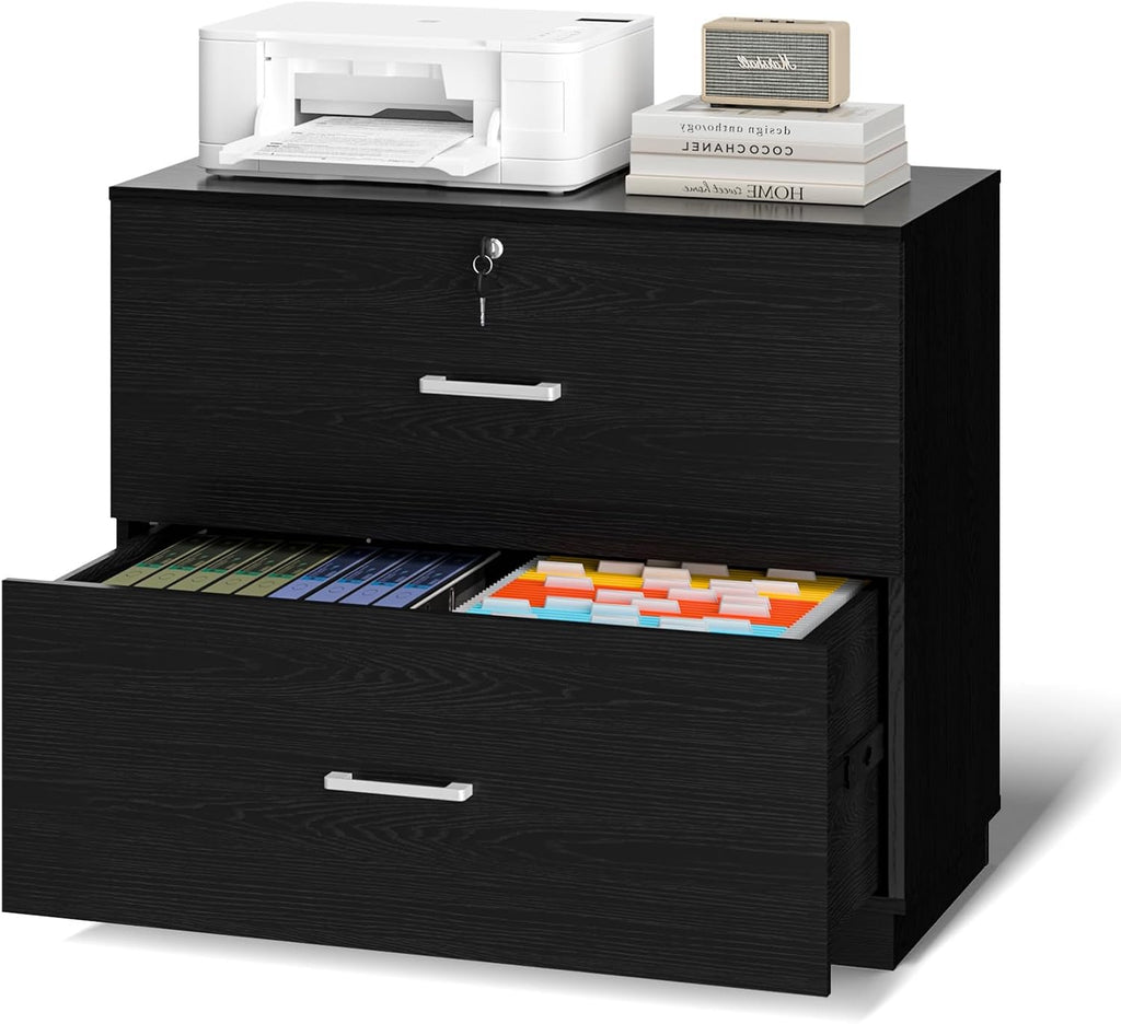 VINGLI 2 - Drawer Lateral File Cabinet with Lock, Lockable Wood Filing cabinets for Home Office, Wooden Printer Stand with 2 Drawers for Letter Legal A4 Size File Folder Storage, Archivador, Black