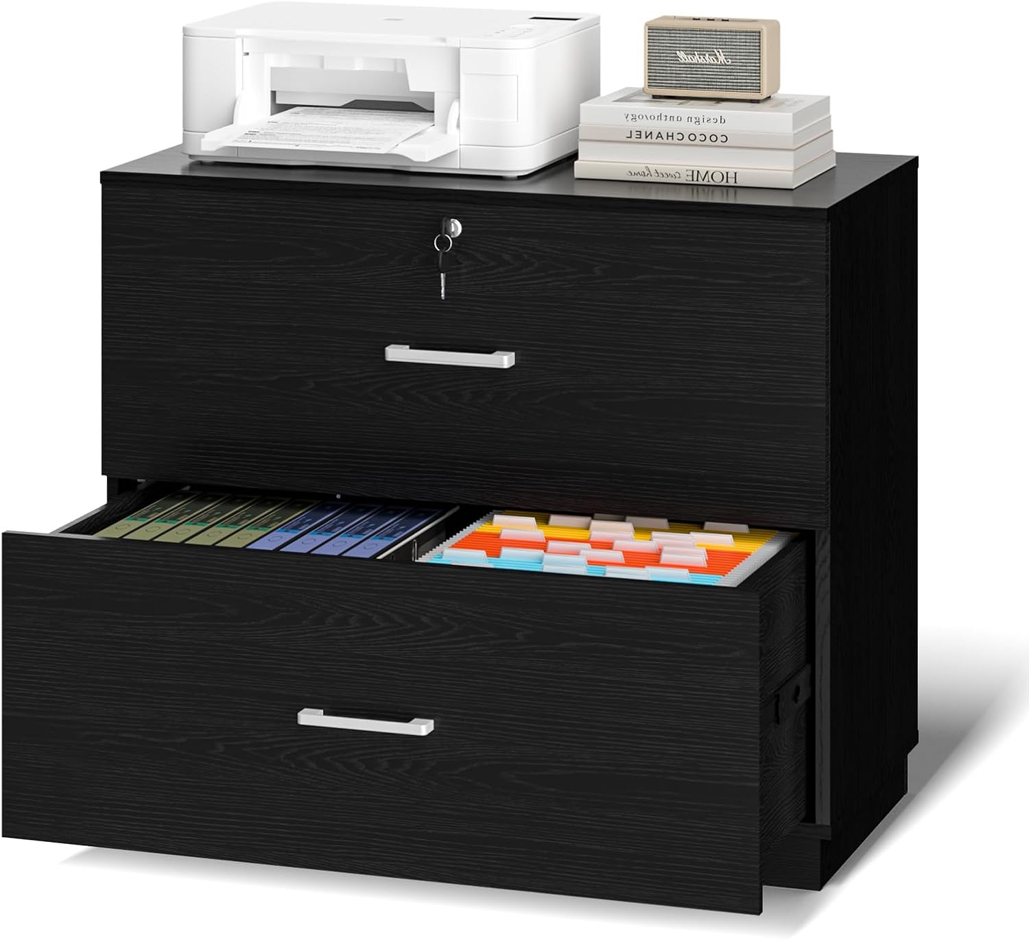 VINGLI 2 - Drawer Lateral File Cabinet with Lock, Lockable Wood Filing cabinets for Home Office, Wooden Printer Stand with 2 Drawers for Letter Legal A4 Size File Folder Storage, Archivador, Black