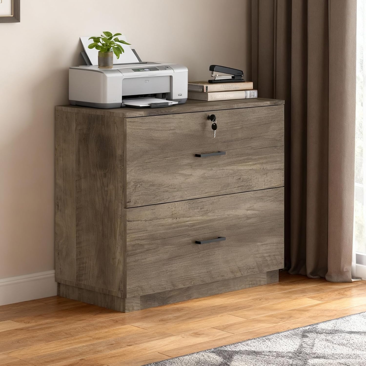 VINGLI 2 - Drawer Lateral File Cabinet with Lock, Lockable Wood Filing cabinets for Home Office, Wooden Printer Stand with 2 Drawers for Letter Legal A4 Size File Folder Storage, Rustic Gray