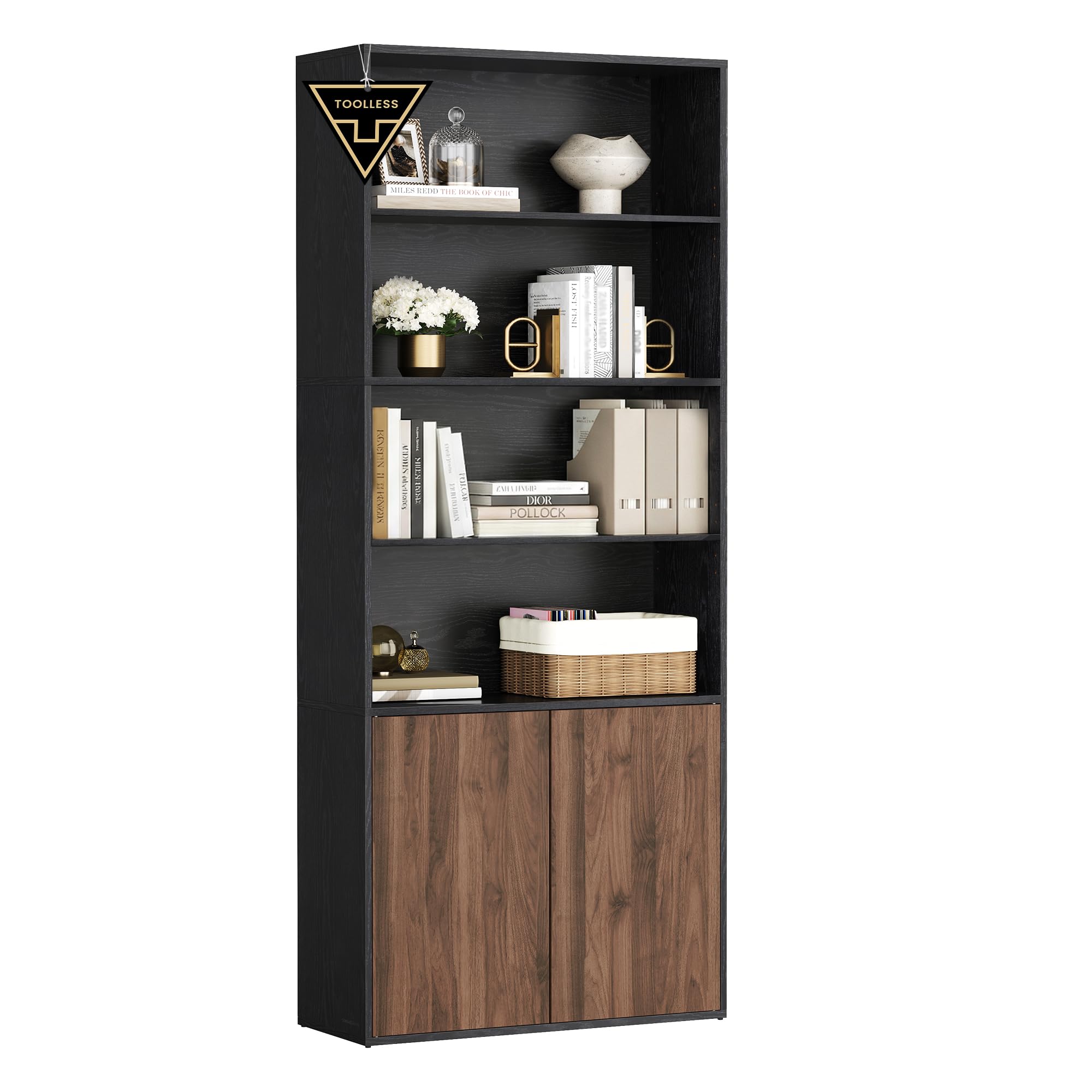 SONGMICS Home Book Shelf, Superfast Toolless Assembly, 6-Tier Floor Standing Bookcase with Doors and Adjustable Shelves, 70.4 Inches Tall for Bedroom Study Living Room, Snow White