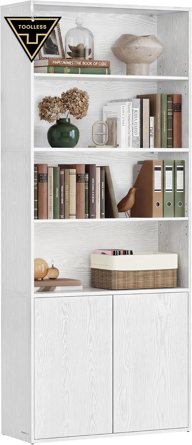 SONGMICS Home Book Shelf, Superfast Toolless Assembly, 6-Tier Floor Standing Bookcase with Doors and Adjustable Shelves, 70.4 Inches Tall for Bedroom Study Living Room, Snow White