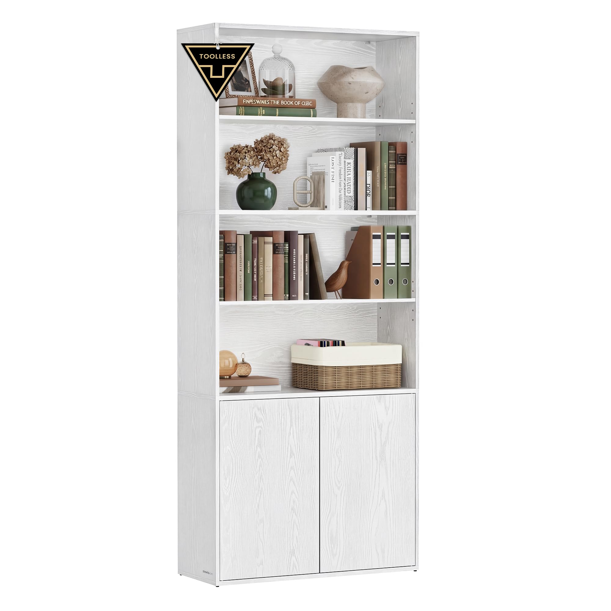 SONGMICS Home Book Shelf, Superfast Toolless Assembly, 6-Tier Floor Standing Bookcase with Doors and Adjustable Shelves, 70.4 Inches Tall for Bedroom Study Living Room, Snow White