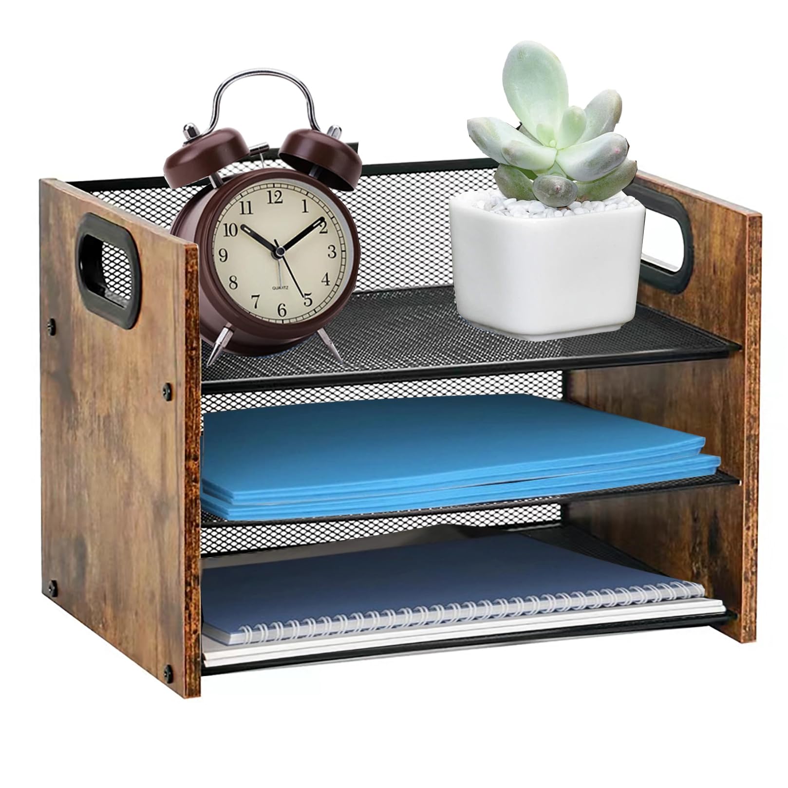 Wood Desk Organizer - 3-Tier Desktop File Organizer with Drawer, Wooden Paper Tray, Office Desk Organzier and Accessories for Papers, Mail, Notebooks, Stationery
