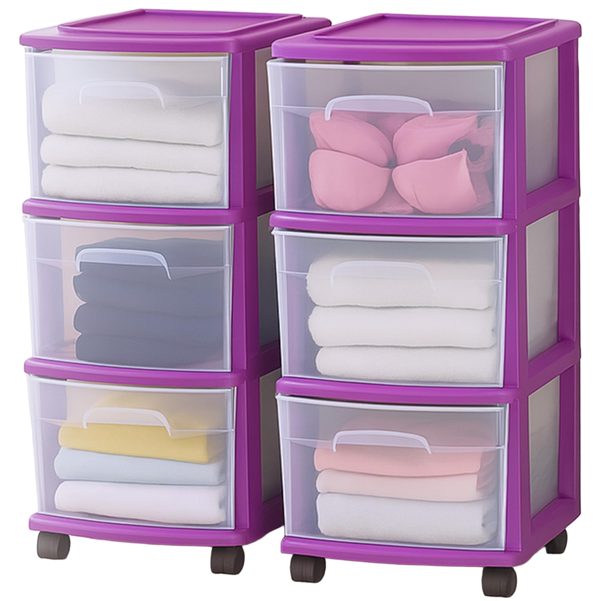 HOMZ Drawer Tower, 3-Tier Rolling Storage Cart with Removable Wheels, White Frame – Plastic Organizer with Clear Bin Drawers for Bedroom, Bathroom, Home Office, and Dorm Room