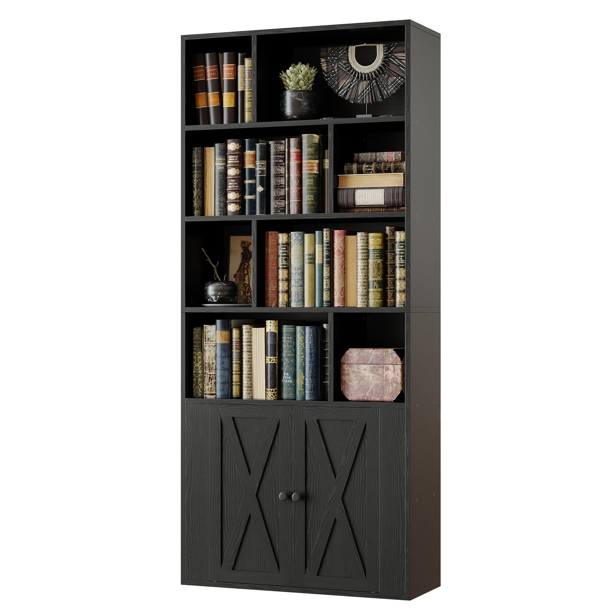 IRONCK Book Shelf, Tall Bookshelf with Storage, Bookshelves and Bookcases with Doors, 4-Tier Bookcase with 8 Open Cubes for Living Room, Office, Study, White