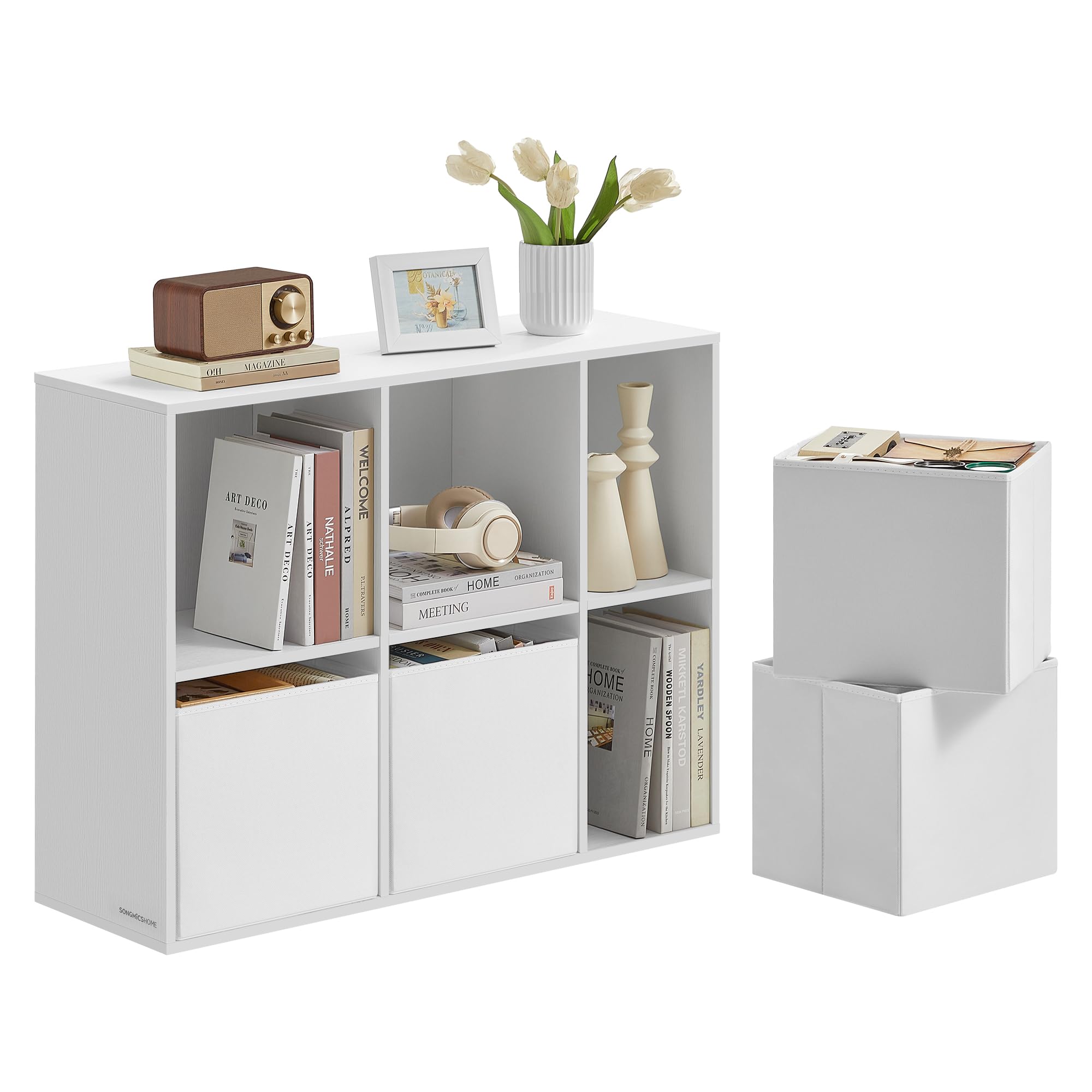 SONGMICS Home Book Shelf, Superfast Toolless Assembly, 6-Tier Floor Standing Bookcase with Doors and Adjustable Shelves, 70.4 Inches Tall for Bedroom Study Living Room, Snow White