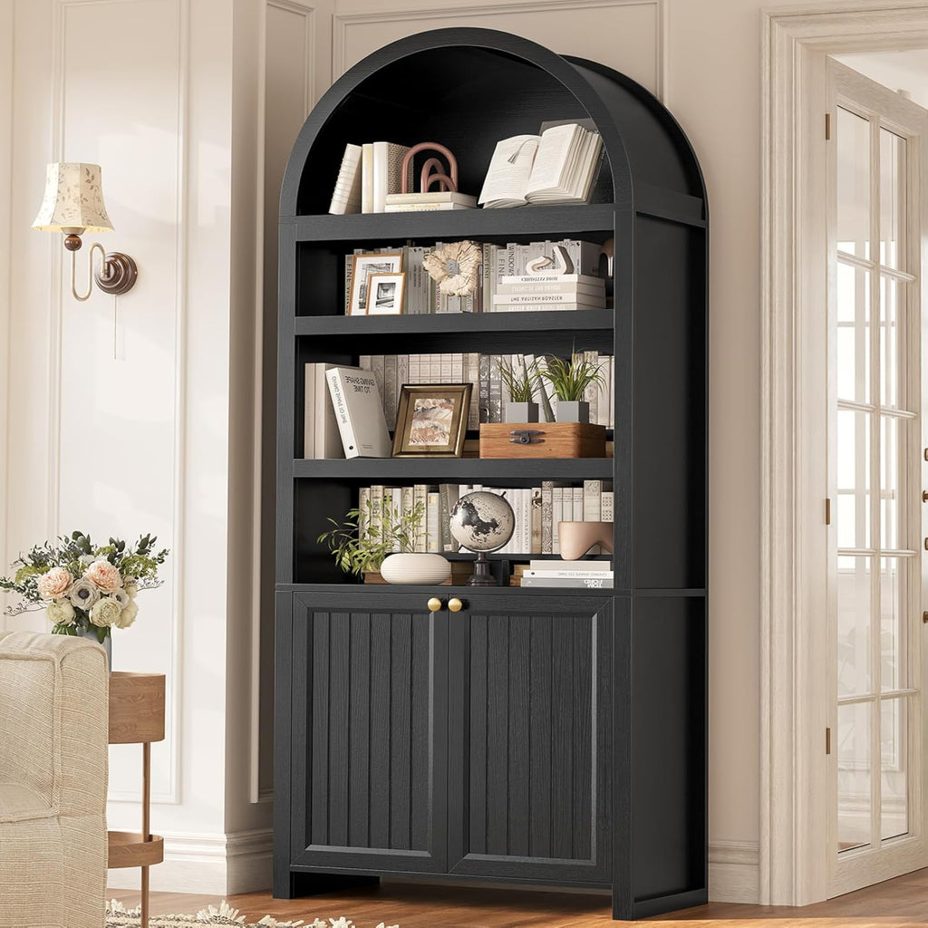 81" Tall Arched Cabinets,Bookcase with storage,Mid-Century Modern 6-Tier Bookshelf with Door,2 Book Risers and Adjustable Shelves offering more storage space for Living Room,Kitchen,Home Office,Black