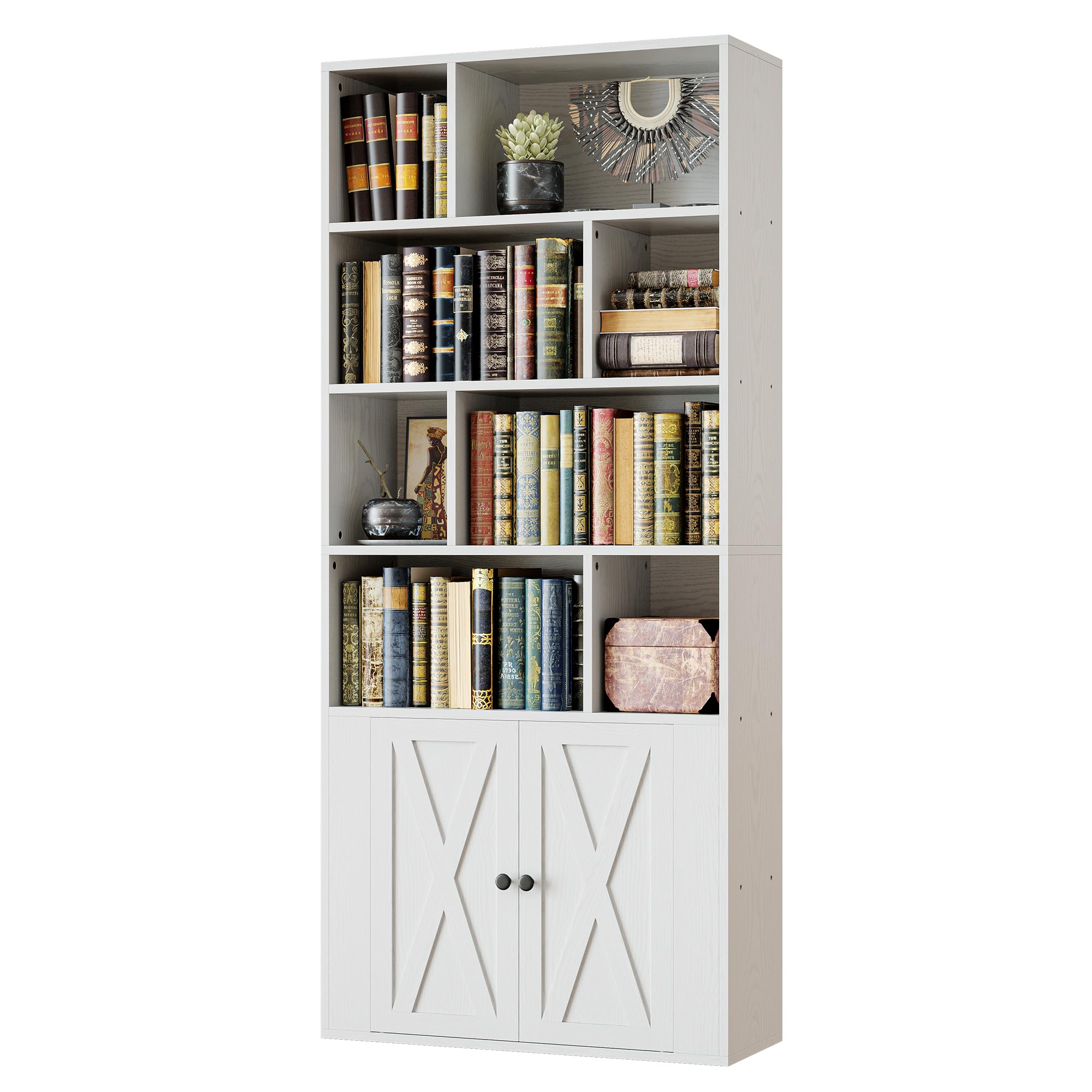 IRONCK Book Shelf, Tall Bookshelf with Storage, Bookshelves and Bookcases with Doors, 4-Tier Bookcase with 8 Open Cubes for Living Room, Office, Study, White