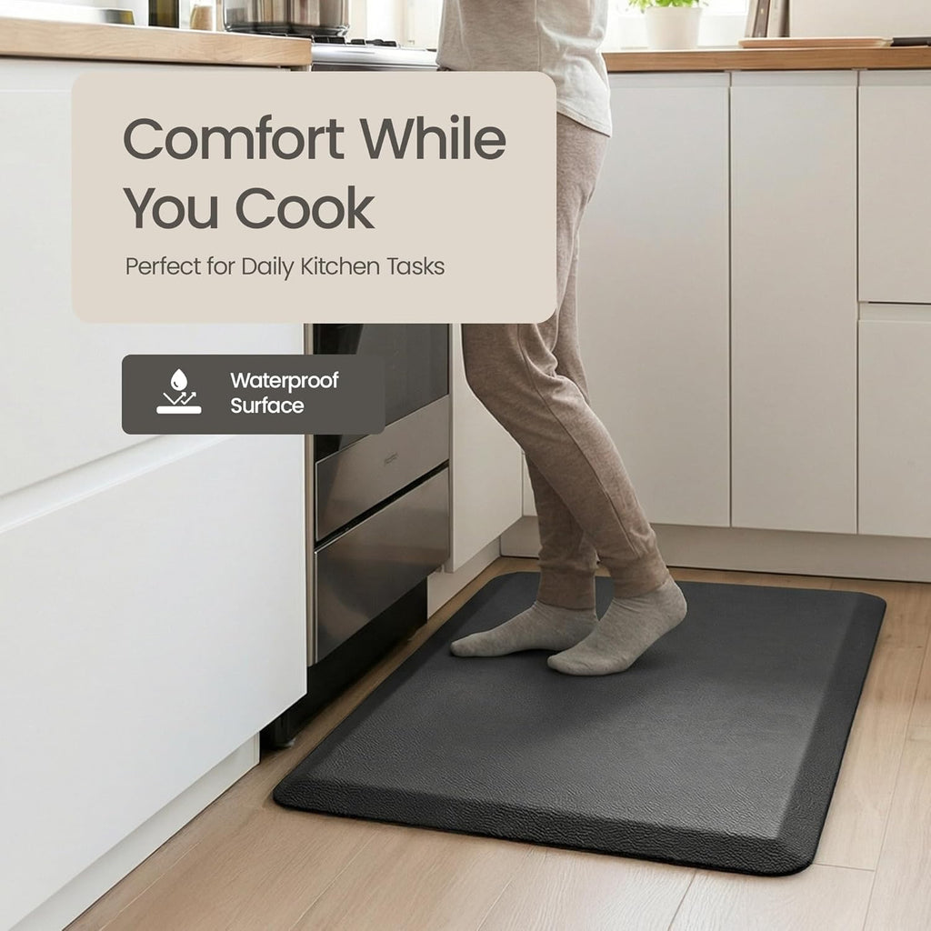 Anti Fatigue Kitchen Mats for Floor | Padded Kitchen Rugs | Non Slip, Cushioned Standing Desk Mat | Waterproof Floor Mat for Home and Office | 17.3" x 28" X 0.47", Black, 1-Pack | More Décor