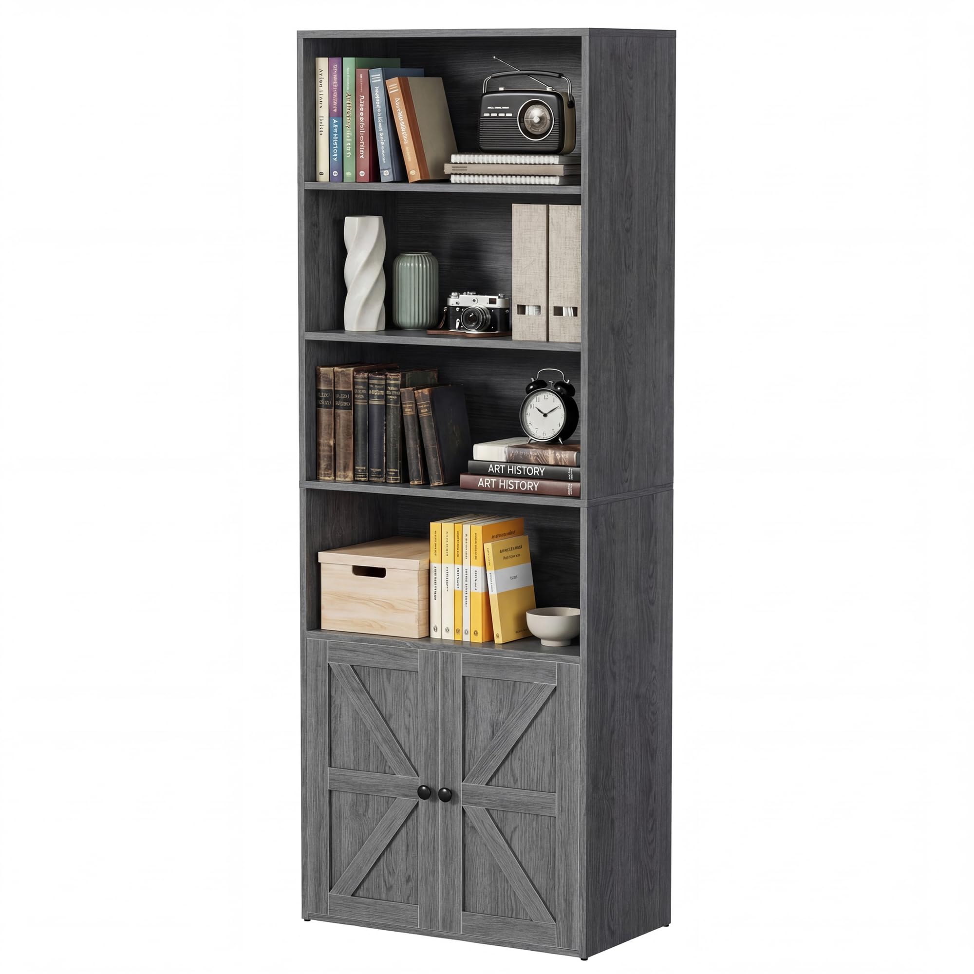 YESHOMY Farmhouse Bookshelf and Bookcase with Doors, Industrial Bookshelves and Bookcases Floor Standing Display 6-Tier Shelf Storage 71.5 inchs for Home Office, Living Room, Rustic Brown, 2 PCS