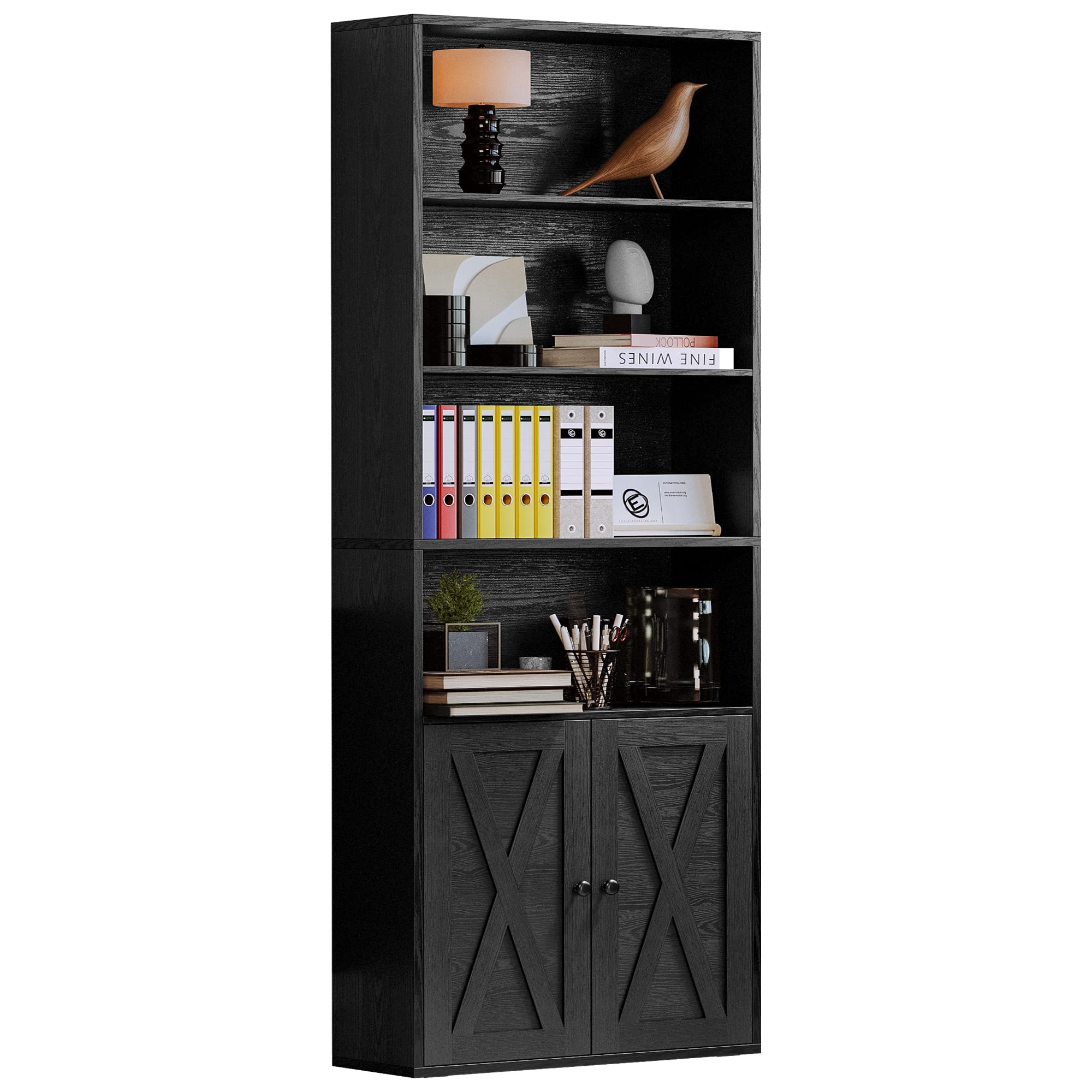 IRONCK Industrial Bookshelves and Bookcases with Doors Floor Standing 6 Shelf Display Storage Shelves 70 in Tall Bookcase for Home Office, Living Room