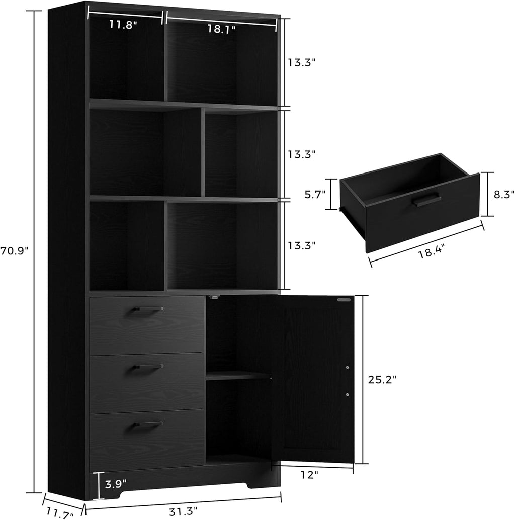 IRONCK Bookshelf, 70.9 Inch Tall Bookcase, Black Book Shelf with Doors and 3 Drawers, 3-Tier Bookshelves with 6 Open Cubes for Home Office, Living Room, Study