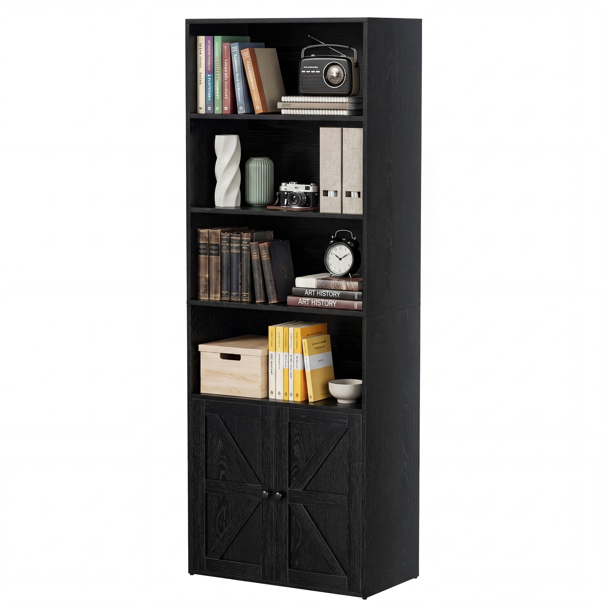 YESHOMY Farmhouse Bookshelf and Bookcase with Doors, Industrial Bookshelves and Bookcases Floor Standing Display 6-Tier Shelf Storage 71.5 inchs for Home Office, Living Room, Rustic Brown, 2 PCS