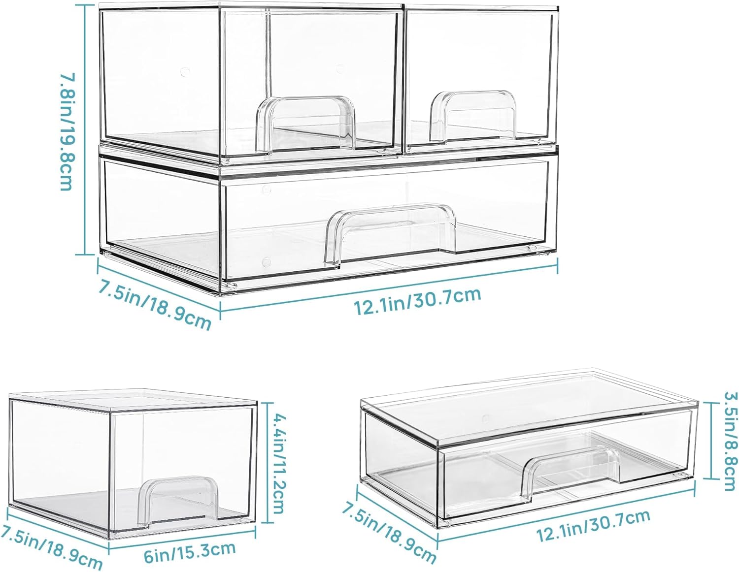 Vtopmart Stackable Storage Drawers Set of 3,Clear Plastic Organizer Bins for Makeup, Cosmetics, Beauty Supplies,Ideal for Vanity, Bathroom,Cabinet,Pantry Organization