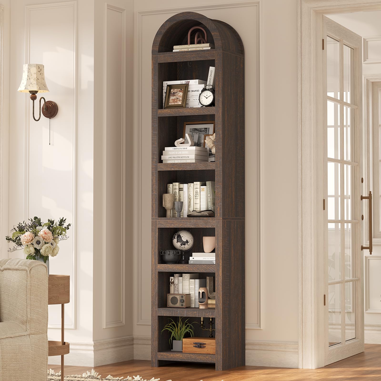 81" Tall Arched Cabinets,Bookcase with storage,Mid-Century Modern 6-Tier Bookshelf with Door,2 Book Risers and Adjustable Shelves offering more storage space for Living Room,Kitchen,Home Office,Black