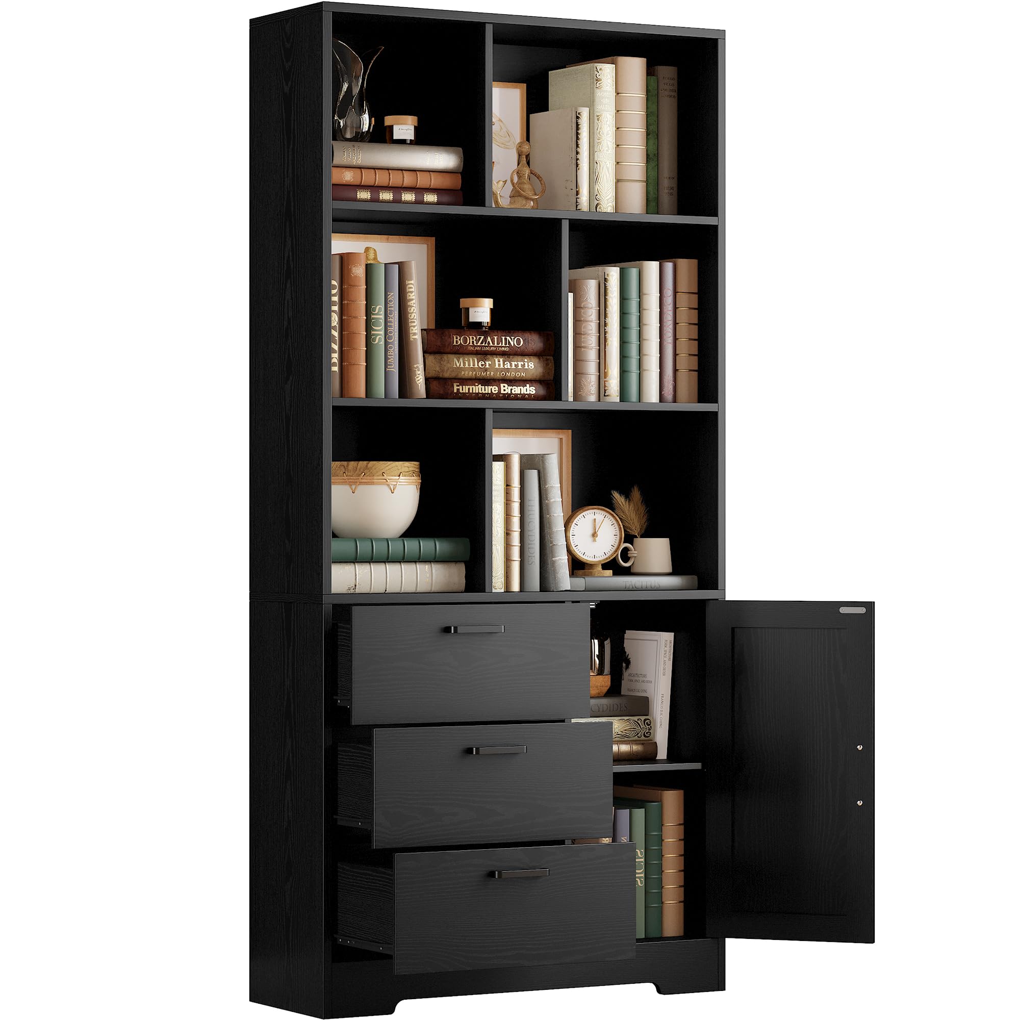 IRONCK Bookshelf, 70.9 Inch Tall Bookcase, Black Book Shelf with Doors and 3 Drawers, 3-Tier Bookshelves with 6 Open Cubes for Home Office, Living Room, Study