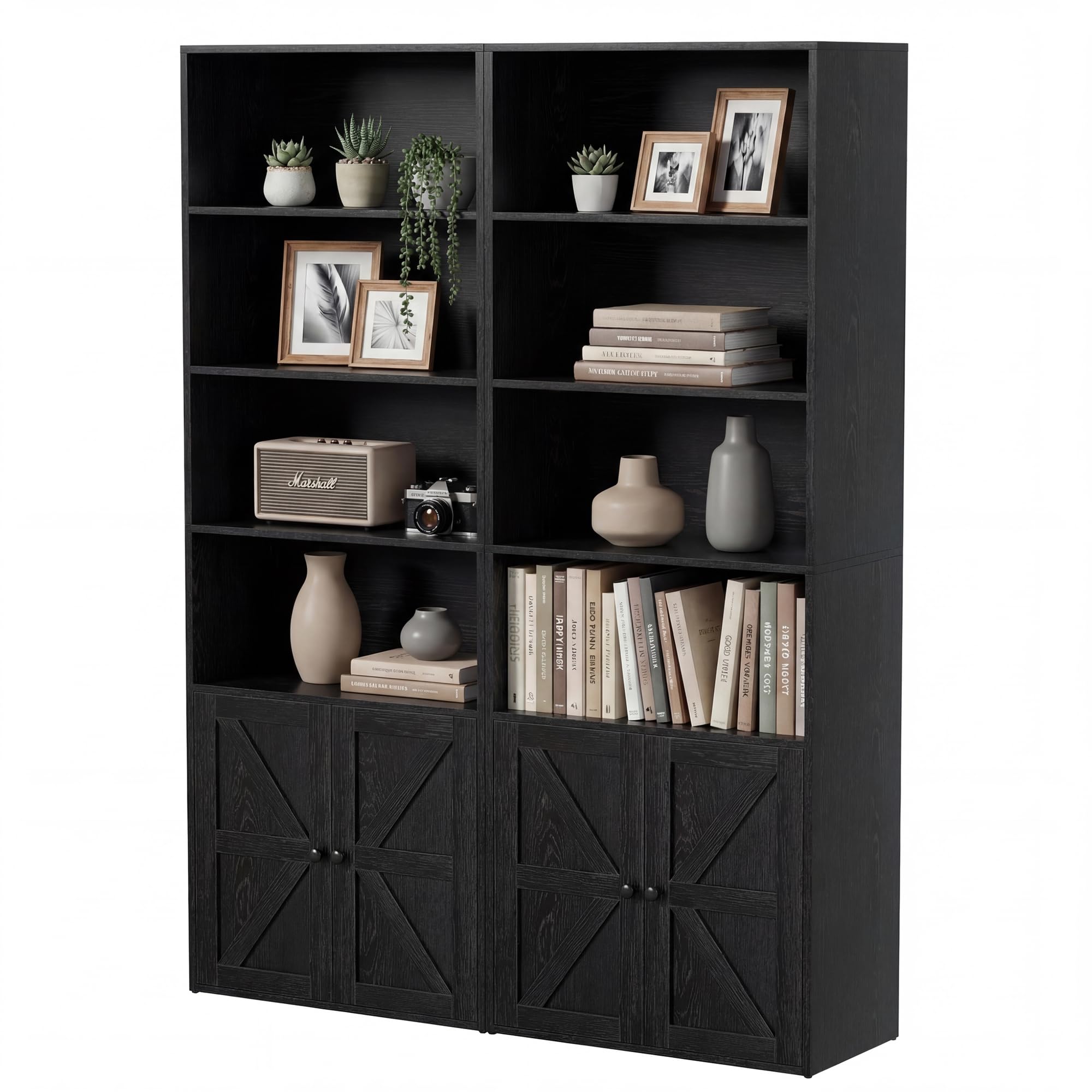 YESHOMY Farmhouse Bookshelf and Bookcase with Doors, Industrial Bookshelves and Bookcases Floor Standing Display 6-Tier Shelf Storage 71.5 inchs for Home Office, Living Room, Rustic Brown, 2 PCS