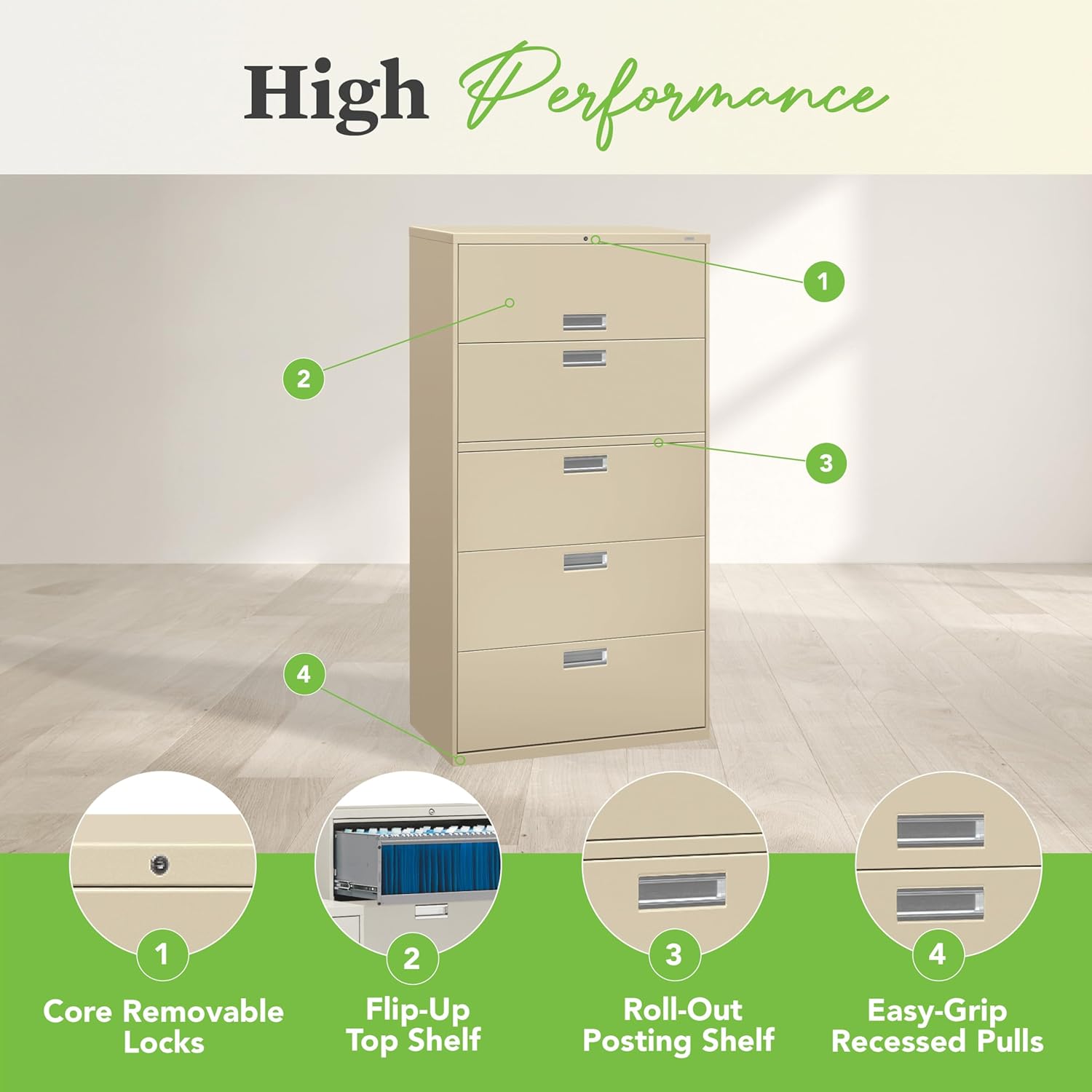 HON 5 Drawer Lateral File Cabinet with Lock, Metal Filing Cabinets for Offices, Adjustable Hangrails for A4, Legal, Letter Files, 18" Deep, Putty