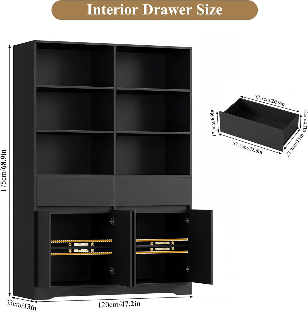 FOTOSOK 69" H × 47.2" W Tall Bookshelf with Doors, 6-Tier Double Wide Bookshelves and Bookcases with Storage, Tall Bookshelf Large Open Book Shelf Storage Cabinets for Home Office