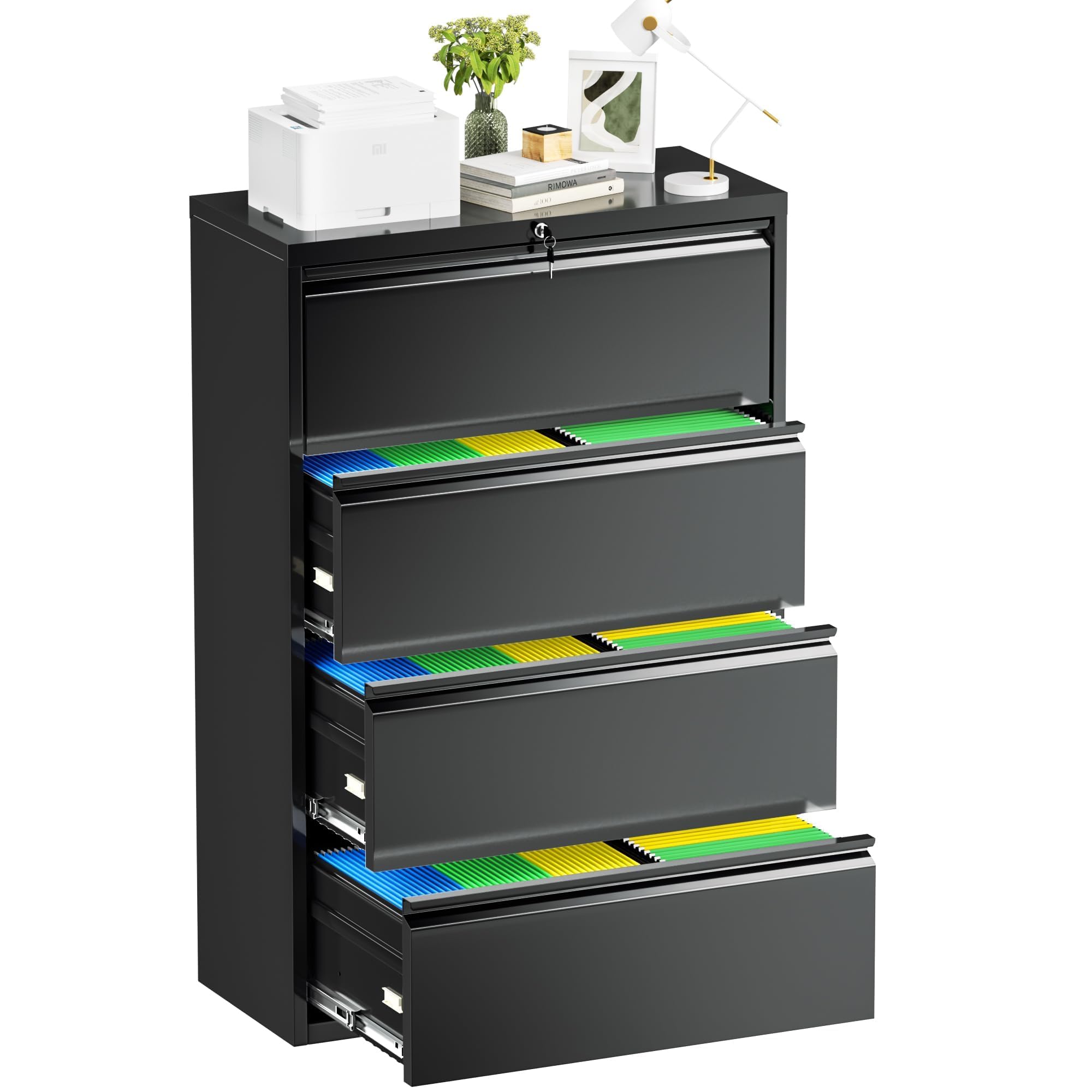 Bonusall 3 Drawer Lateral File Cabinet with Lock, Locking Metal lateral Filing Cabinet for Office Steel lateral File Cabinet, Large Horizontal File Cabinet Locked by Keys-White