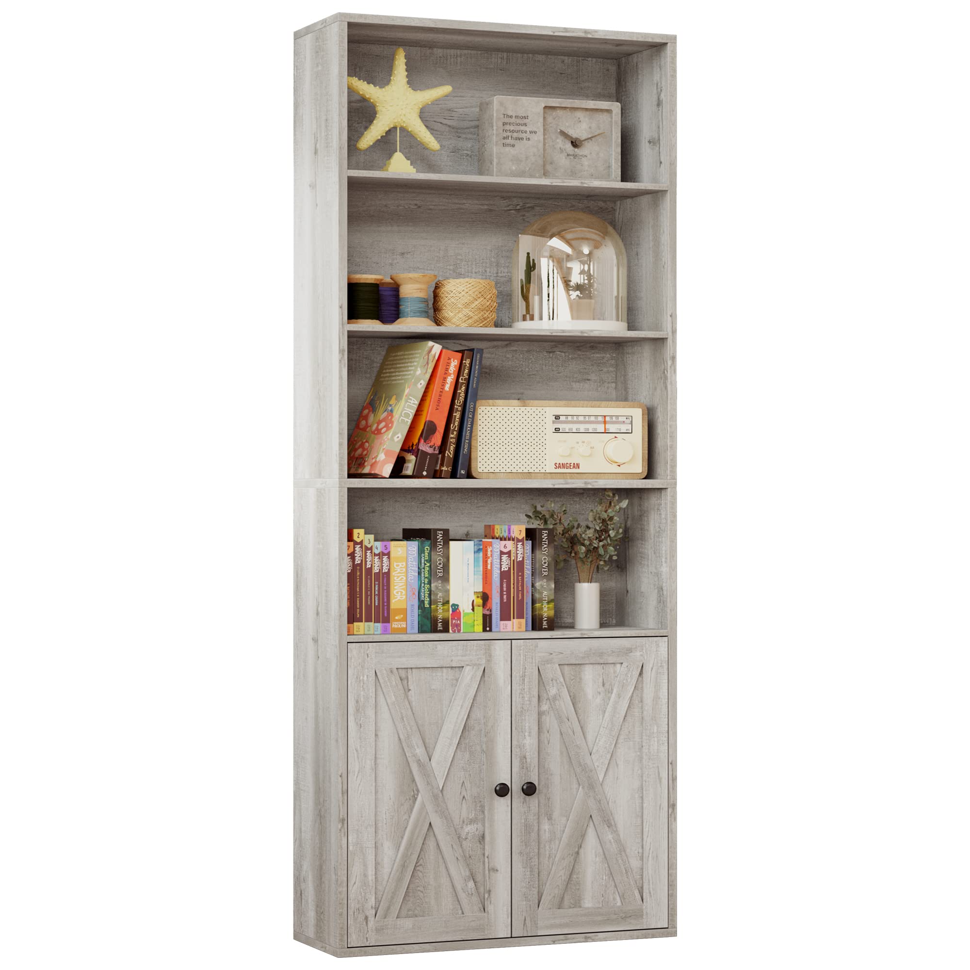 IRONCK Industrial Bookshelves and Bookcases with Doors Floor Standing 6 Shelf Display Storage Shelves 70 in Tall Bookcase for Home Office, Living Room
