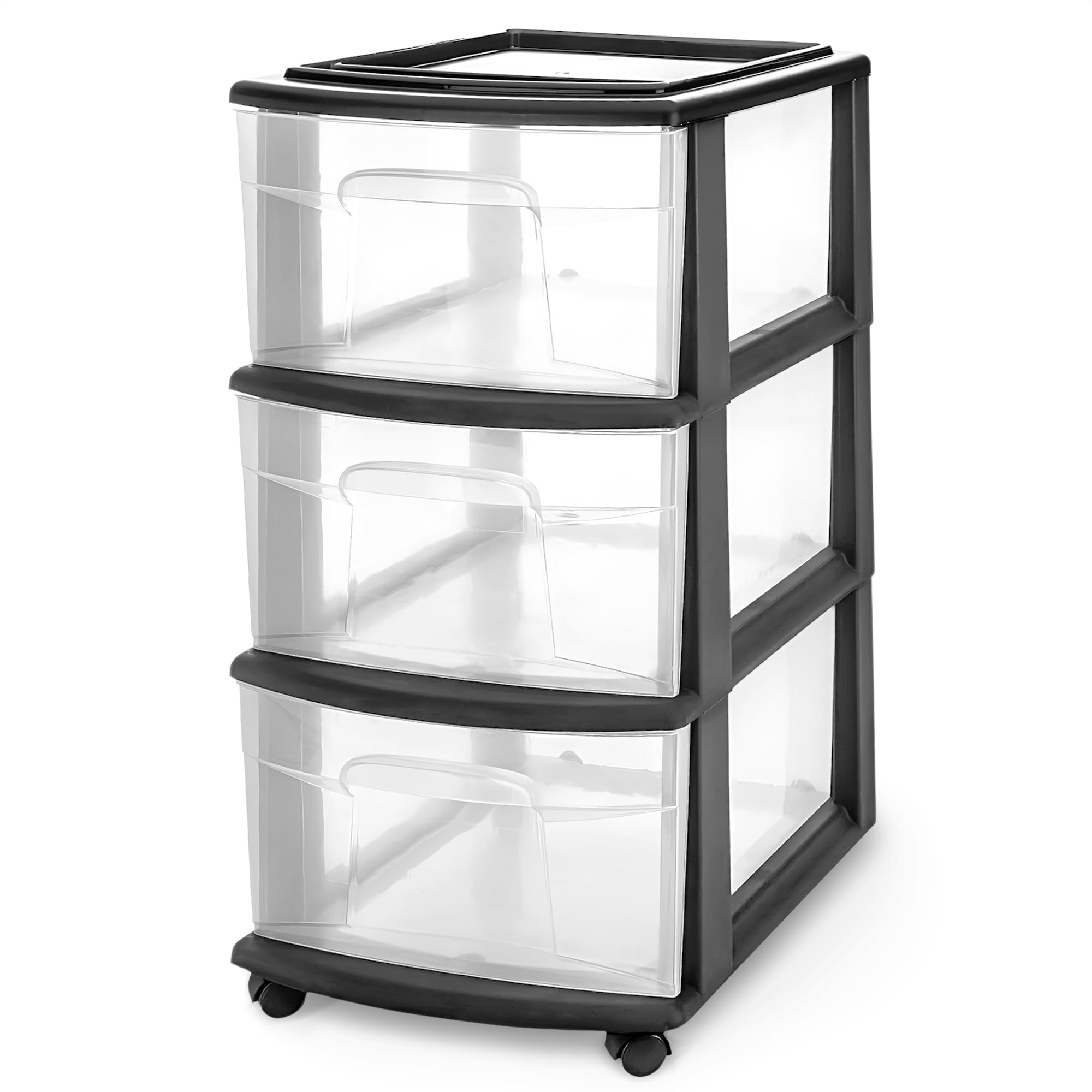 HOMZ Drawer Tower, 3-Tier Rolling Storage Cart with Removable Wheels, White Frame – Plastic Organizer with Clear Bin Drawers for Bedroom, Bathroom, Home Office, and Dorm Room