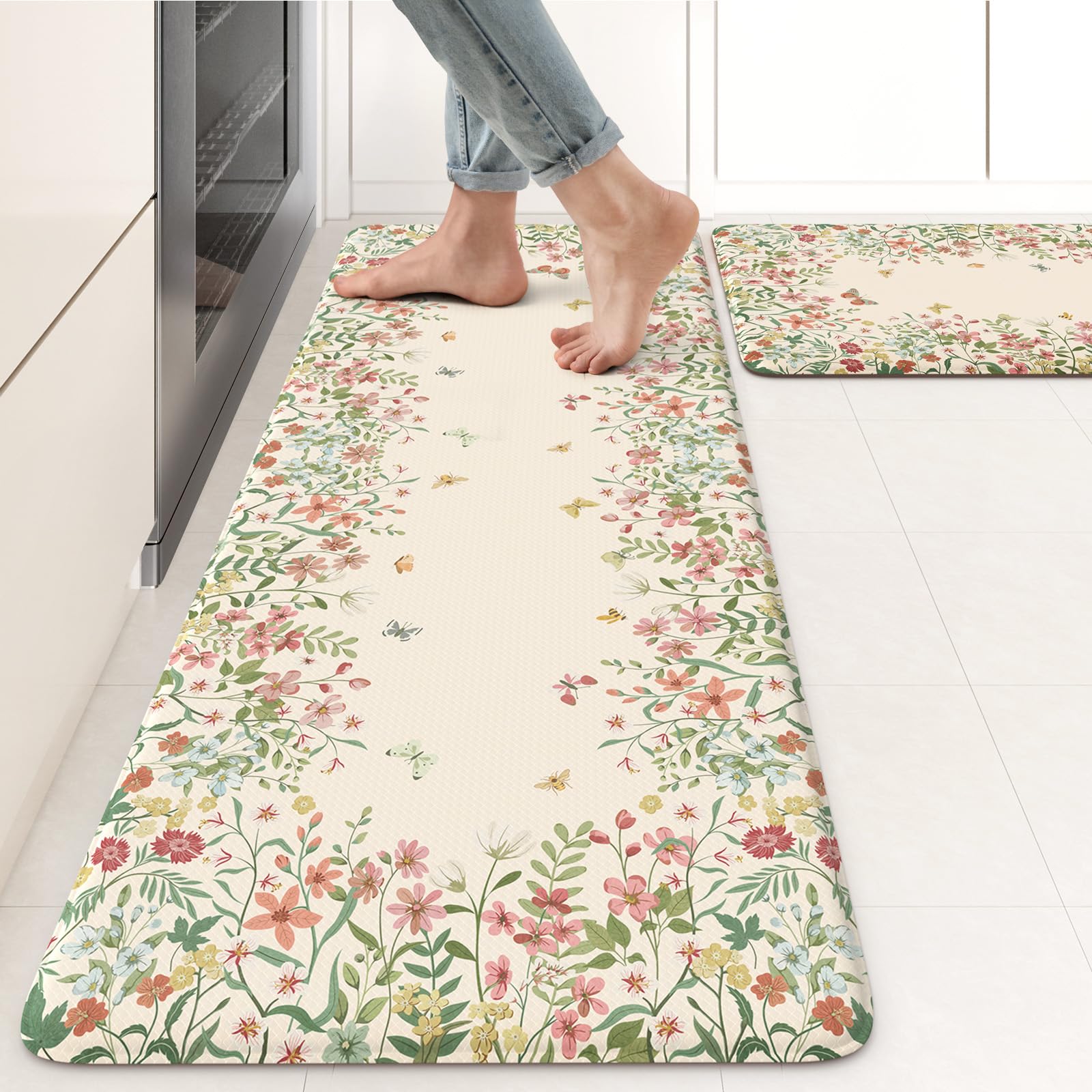 KIMODE Kitchen Mats for Floor Anti Fatigue, Flower Butterfly Kitchen Rugs Sets of 2, Cushioned Kitchen Floor Mats, Comfort Standing Mat for Sink Laundry Office Desk 20"x47"+20"x32" Beige