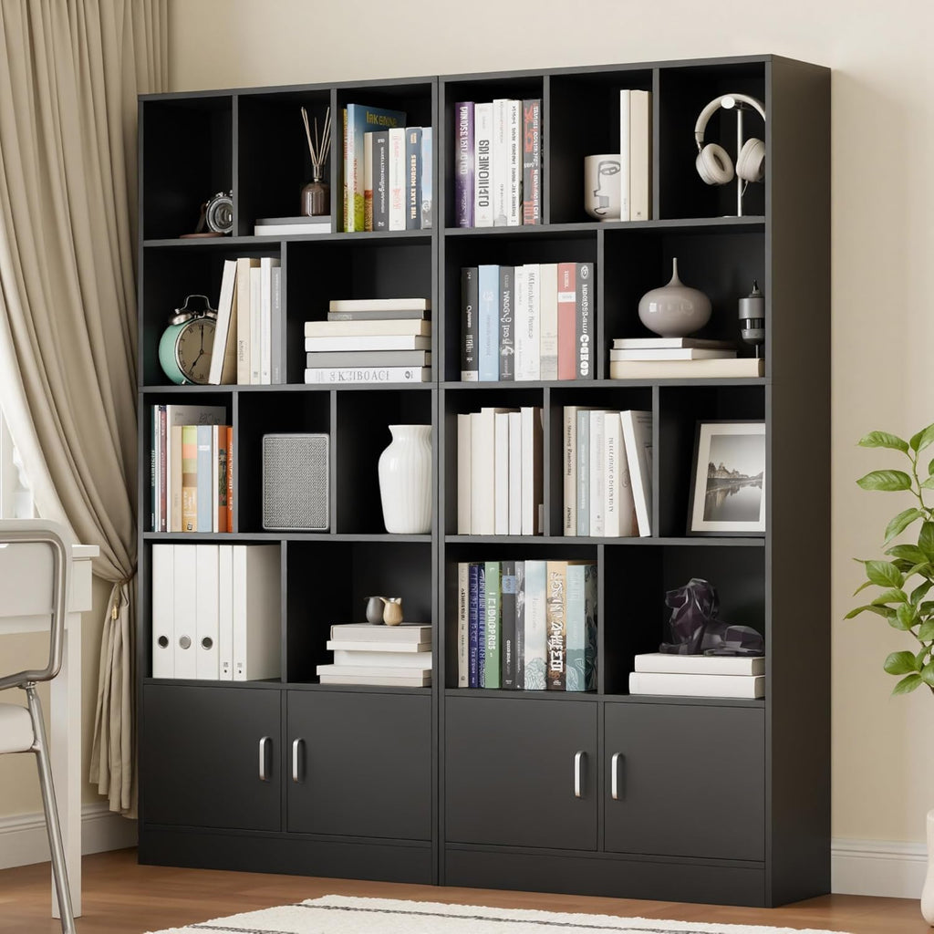 Cozy Castle 70" Tall Black Bookshelf with 12 Cubes and 2 Doors, 4-Tier Open Shelf Bookcase with Cabinet, Modern Cube Storage Organizer for Living Room, and Office