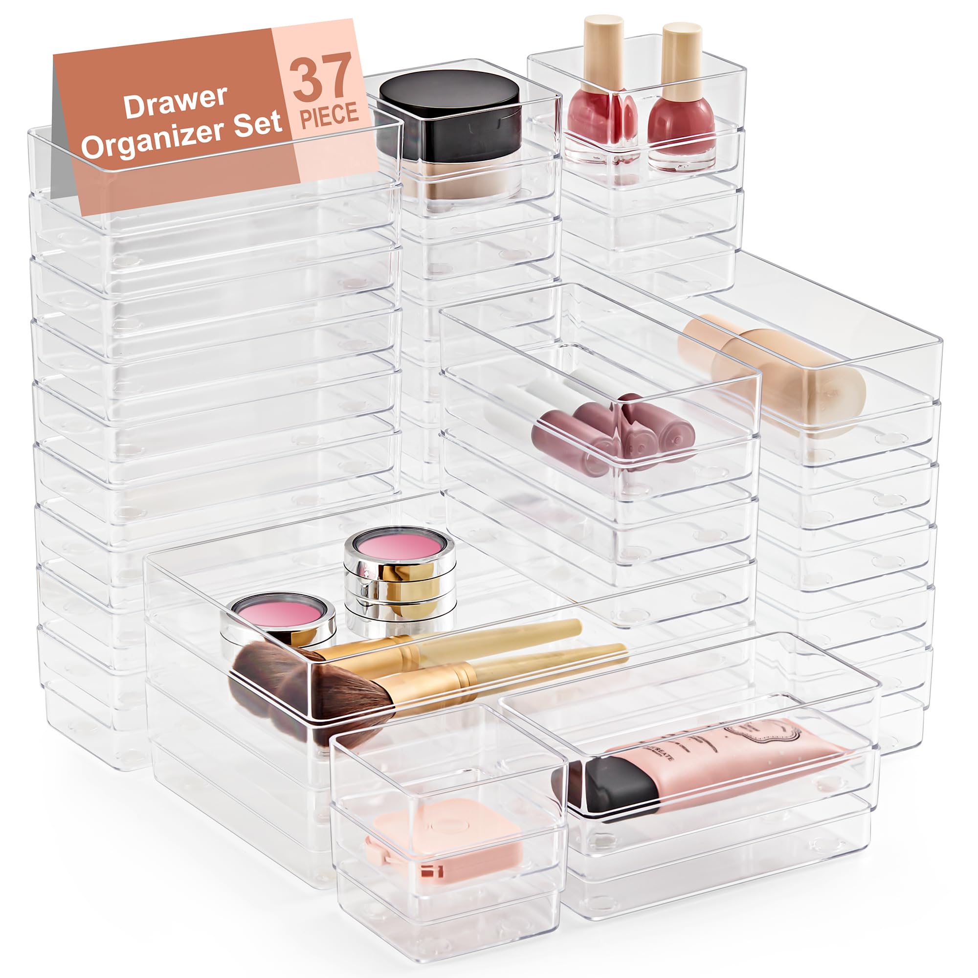 SMARTAKE 13-Piece Drawer Organizer with Non-Slip Silicone Pads, 5-Size Desk Drawer Organizer Trays Storage Tray for Makeup, Jewelries, Utensils in Bedroom Dresser, Office and Kitchen (Clear)