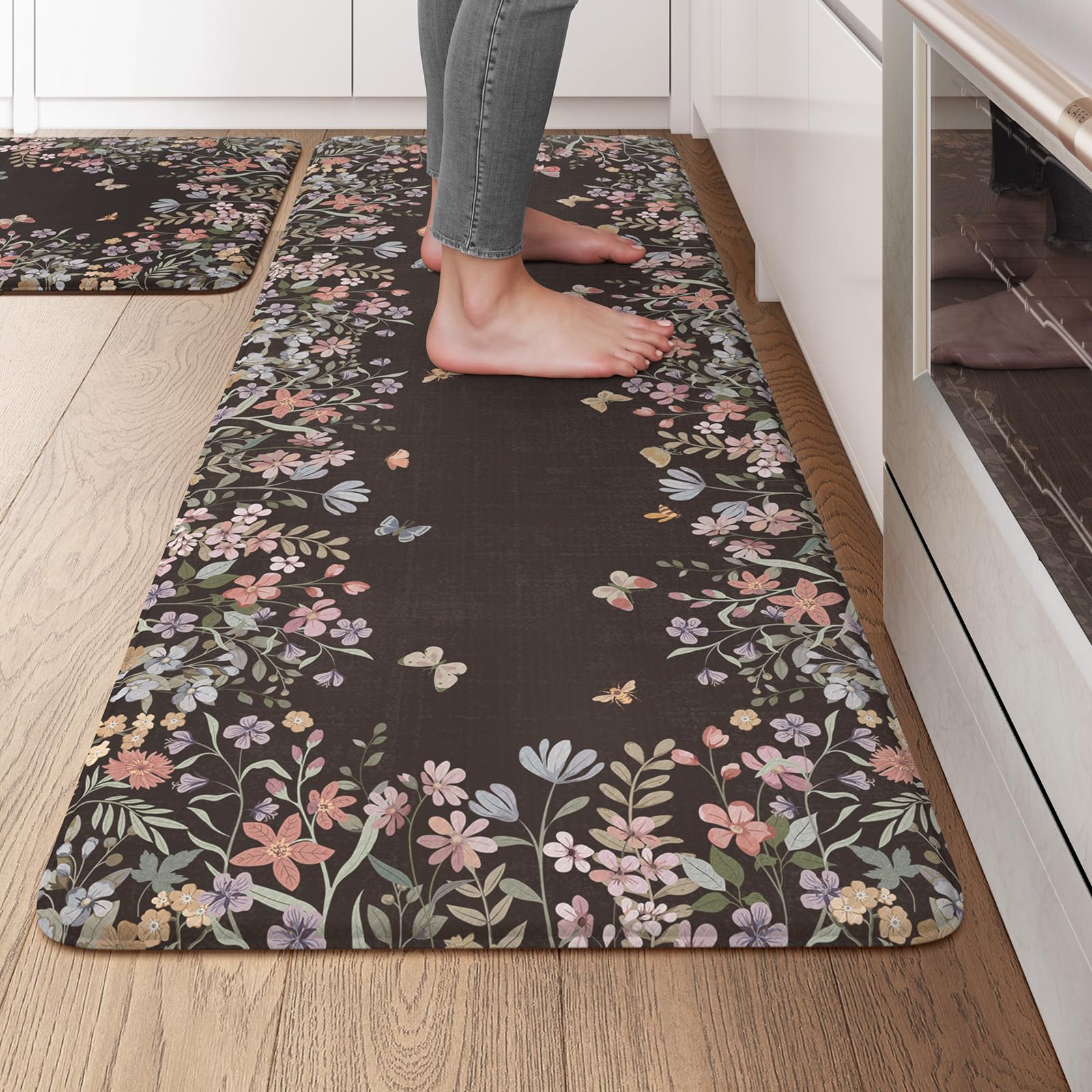 KIMODE Kitchen Mats for Floor Anti Fatigue, Flower Butterfly Kitchen Rugs Sets of 2, Cushioned Kitchen Floor Mats, Comfort Standing Mat for Sink Laundry Office Desk 20"x47"+20"x32" Beige