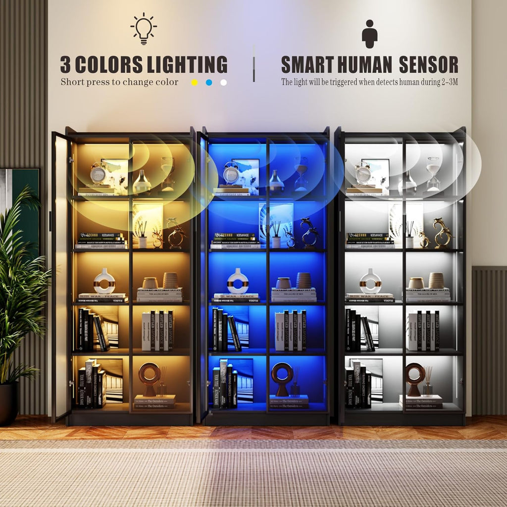 Dystler Display Cabinet with Doors and Adjustable Shelves, 65" Tall Bookcase with LED Lights/Human Sensor, 5 Tier Display Case for Collectibles Bedroom Living Room Office, Black
