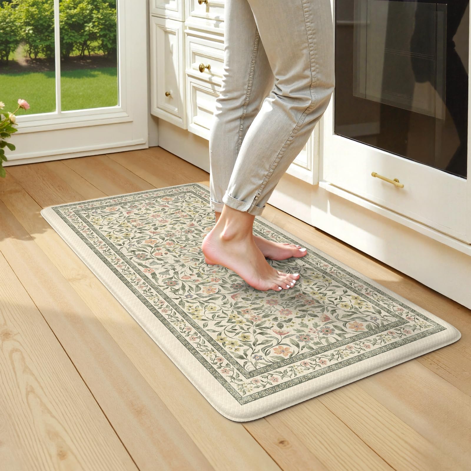 KIMODE Kitchen Mats for Floor Anti Fatigue, Flower Butterfly Kitchen Rugs Sets of 2, Cushioned Kitchen Floor Mats, Comfort Standing Mat for Sink Laundry Office Desk 20"x47"+20"x32" Beige