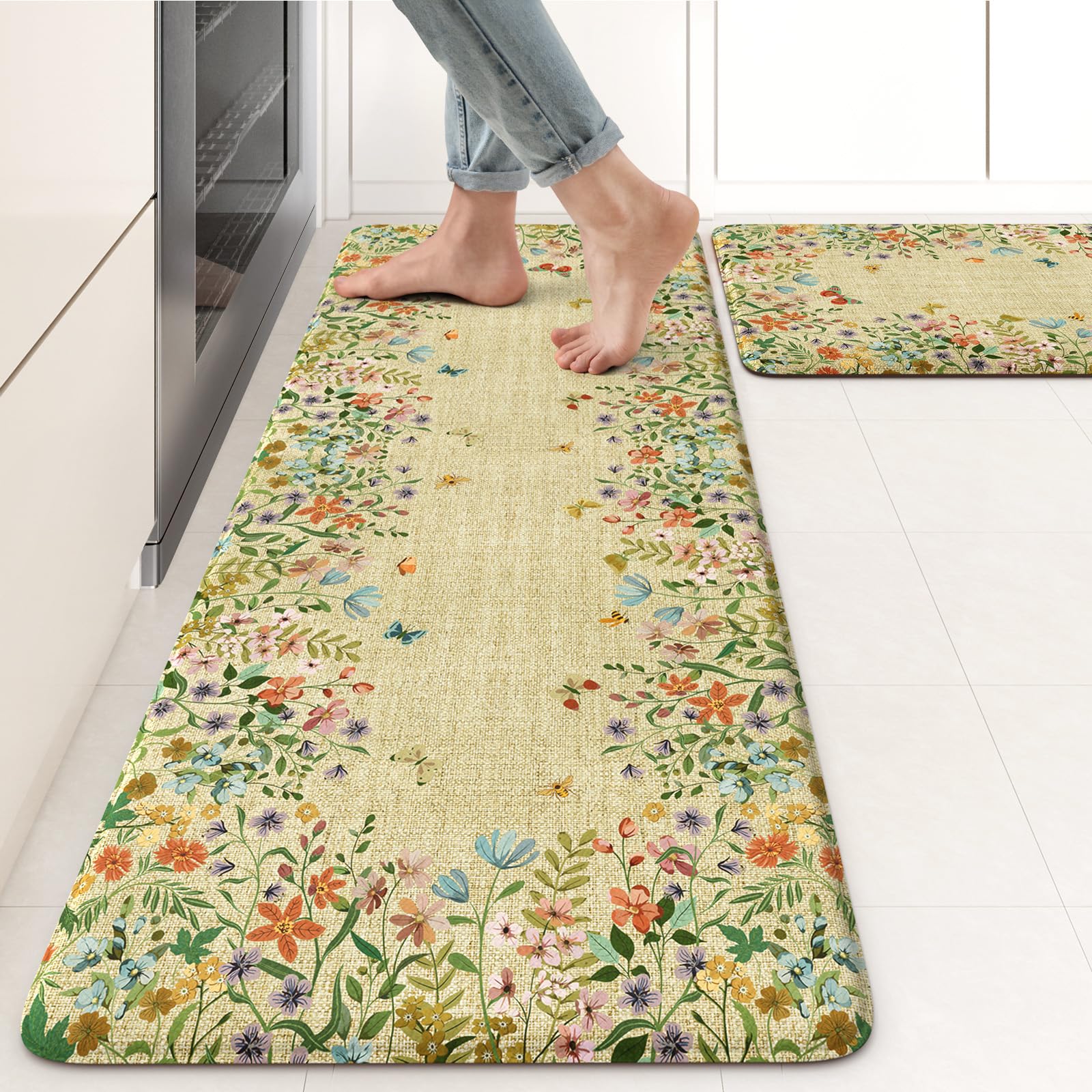 KIMODE Kitchen Mats for Floor Anti Fatigue, Flower Butterfly Kitchen Rugs Sets of 2, Cushioned Kitchen Floor Mats, Comfort Standing Mat for Sink Laundry Office Desk 20"x47"+20"x32" Beige