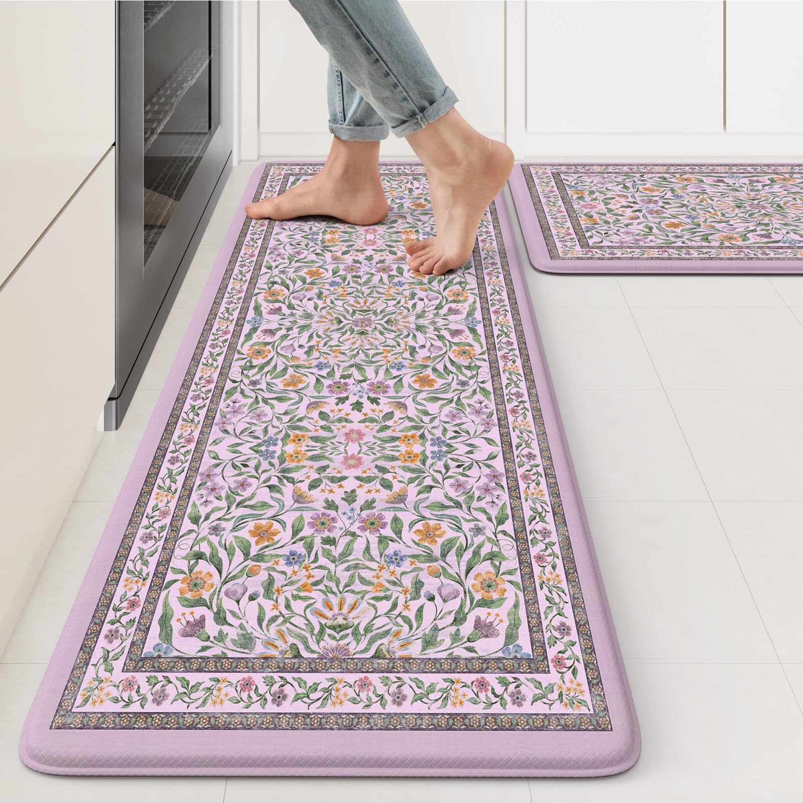 KIMODE Kitchen Mats for Floor Anti Fatigue, Flower Butterfly Kitchen Rugs Sets of 2, Cushioned Kitchen Floor Mats, Comfort Standing Mat for Sink Laundry Office Desk 20"x47"+20"x32" Beige