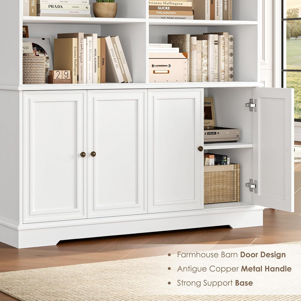 FOTOSOK 73" White Bookshelf with Doors, 6 Tier Tall Bookshelf, 47.2" Double Wide Farmhouse Bookshelves and Bookcases, Large Open Book Shelf Storage Cabinets for Home Office