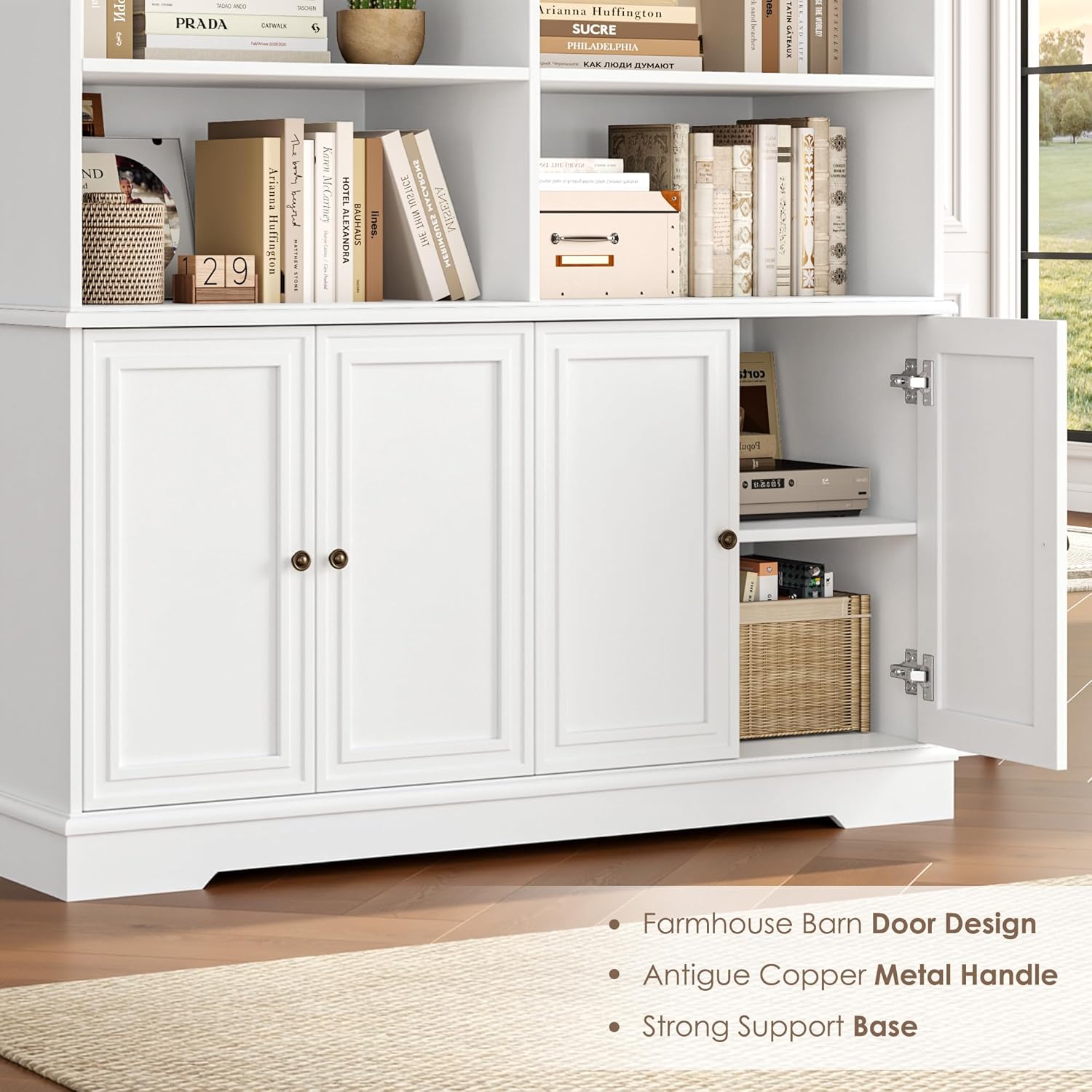 FOTOSOK 73" White Bookshelf with Doors, 6 Tier Tall Bookshelf, 47.2" Double Wide Farmhouse Bookshelves and Bookcases, Large Open Book Shelf Storage Cabinets for Home Office