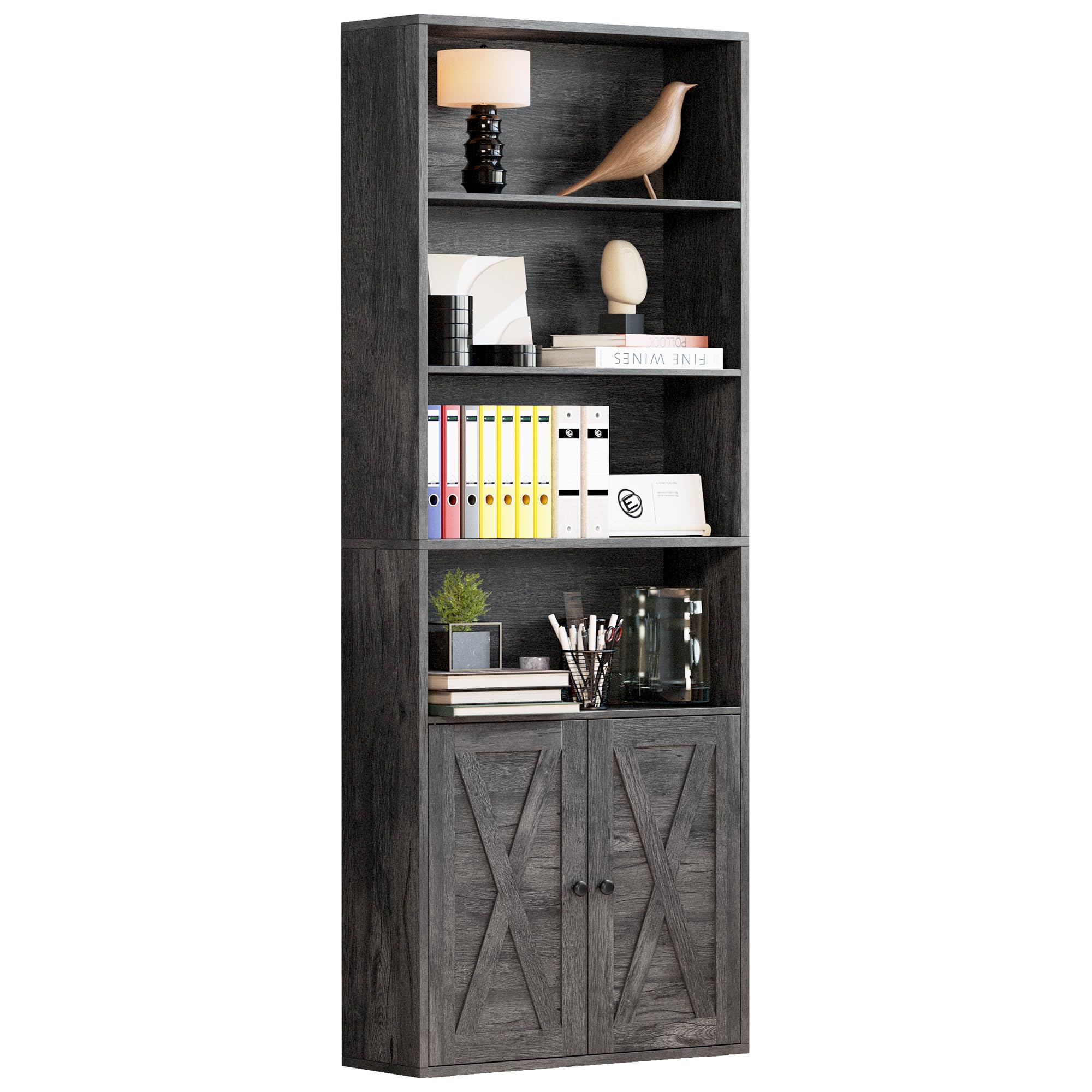 IRONCK Industrial Bookshelves and Bookcases with Doors Floor Standing 6 Shelf Display Storage Shelves 70 in Tall Bookcase for Home Office, Living Room