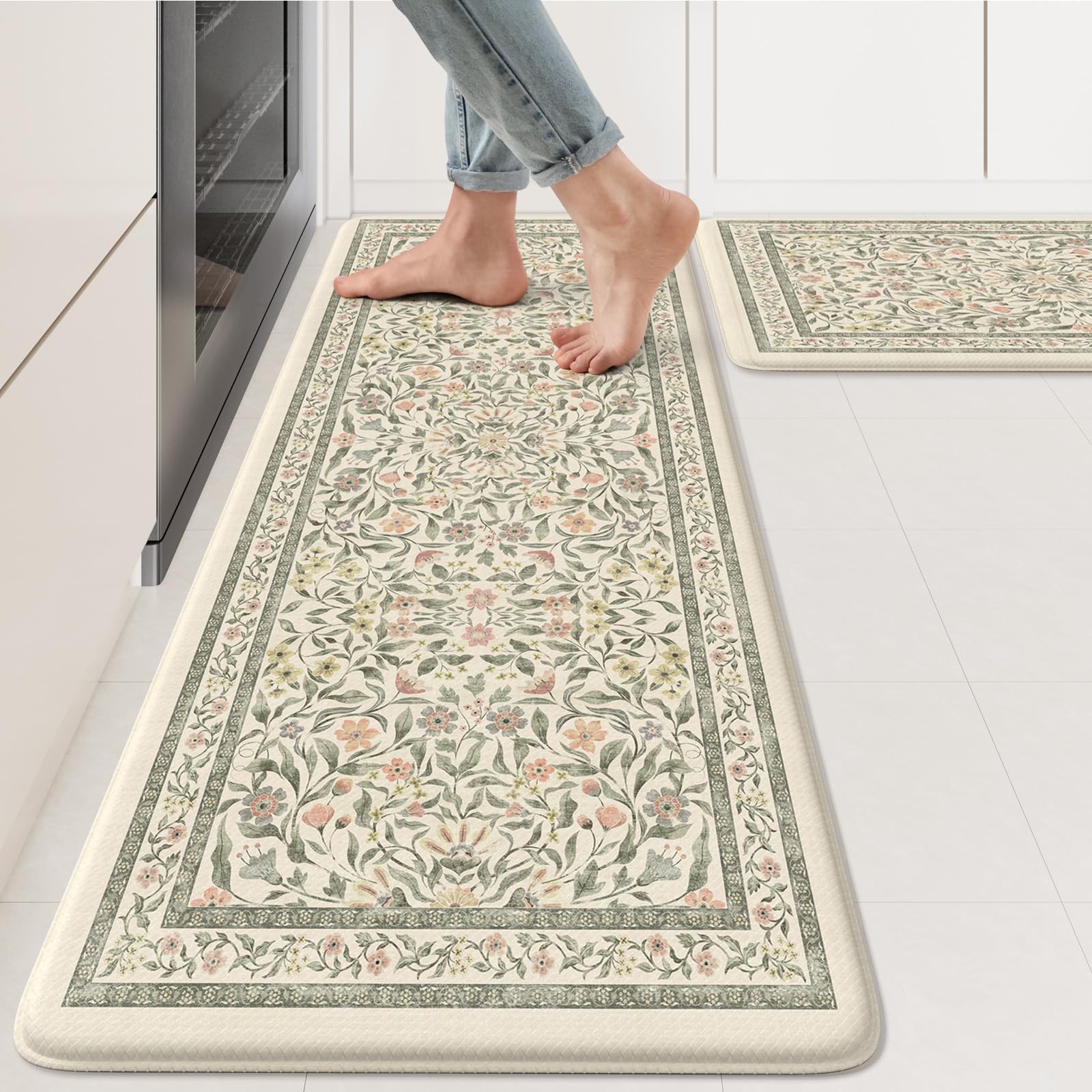 KIMODE Kitchen Mats for Floor Anti Fatigue, Flower Butterfly Kitchen Rugs Sets of 2, Cushioned Kitchen Floor Mats, Comfort Standing Mat for Sink Laundry Office Desk 20"x47"+20"x32" Beige