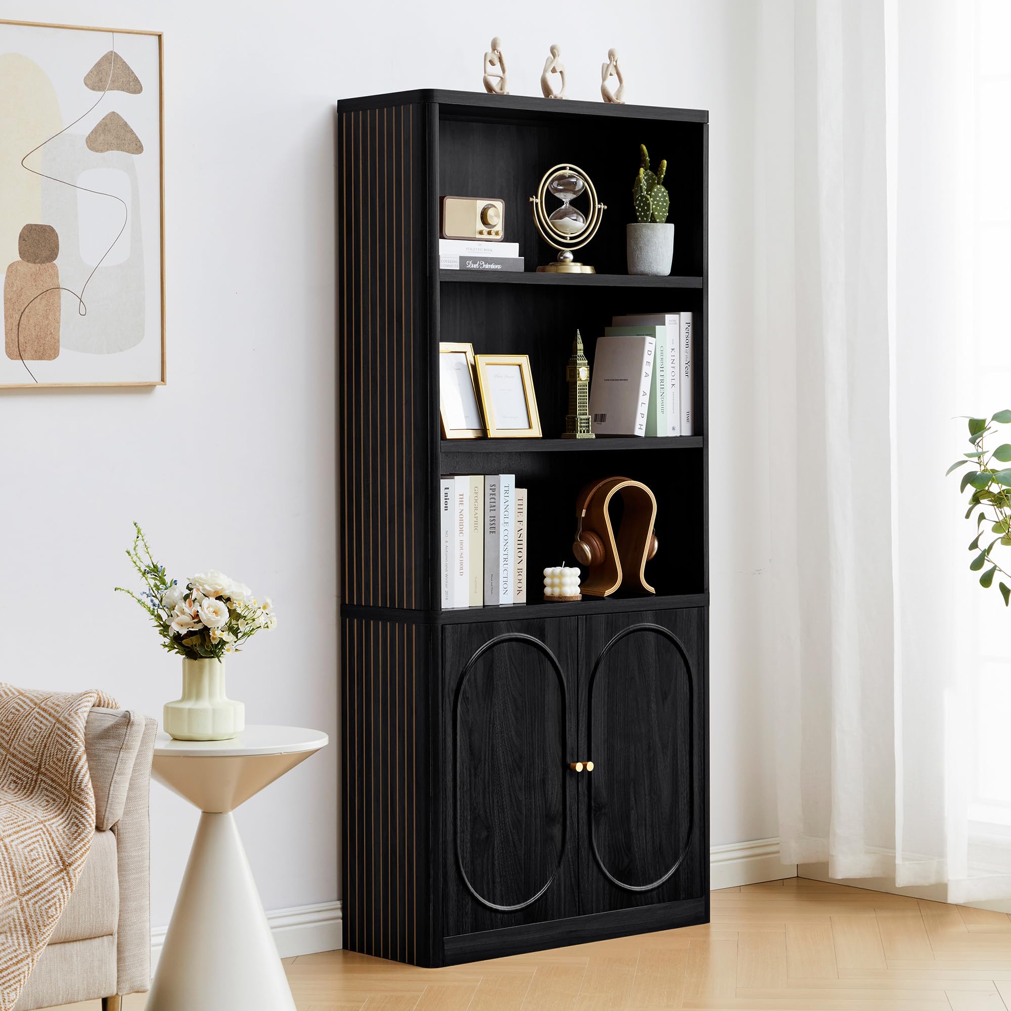 ORRD 70" Tall Arched Bookshelf with Storage Cabinet, Modern 4-Tier Wood Bookcase with Scalloped Doors & Gold Handles, Open Display Shelves for Living Room, Bedroom, or Home Study Office (Walnut)