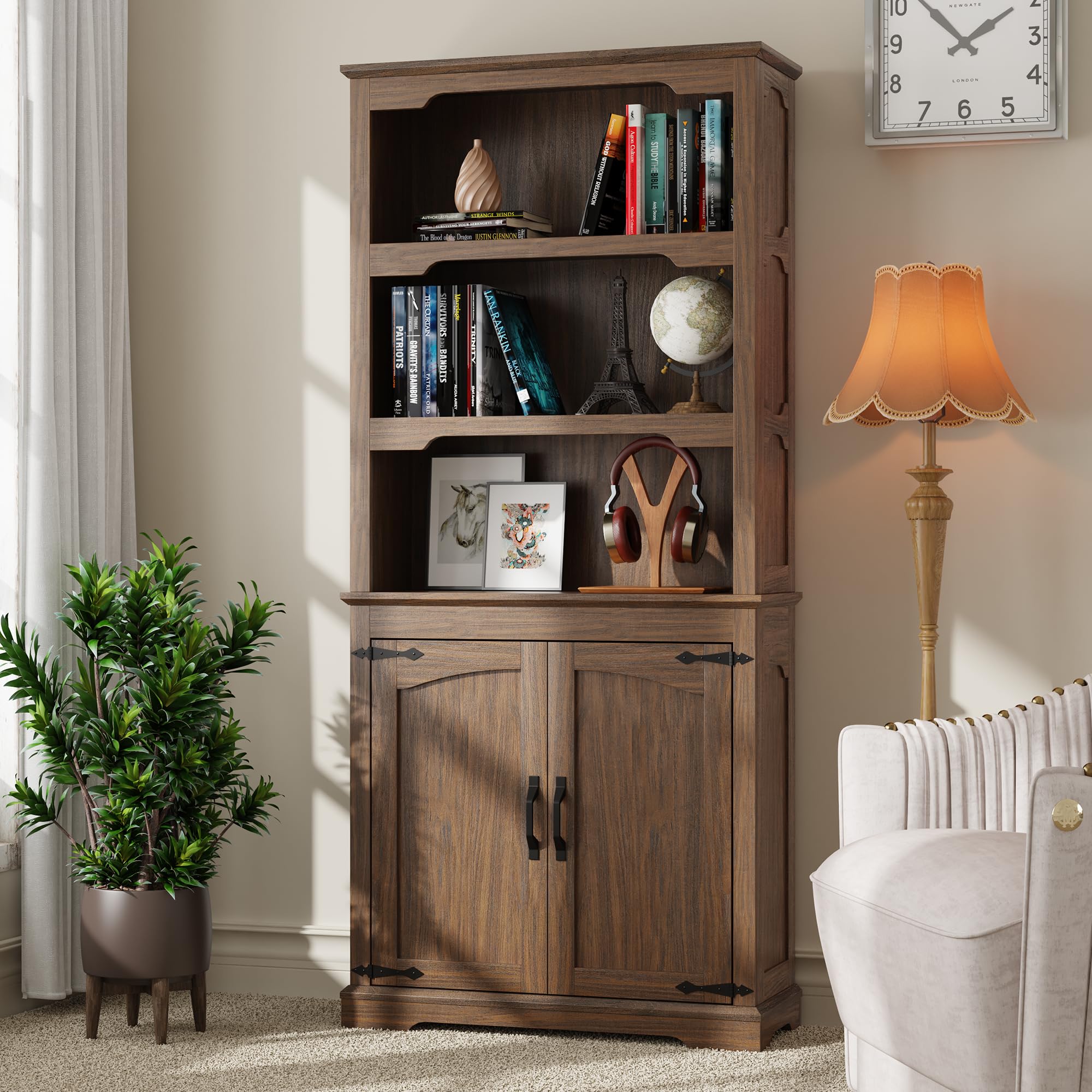 Tall Bookcase, 70 inch Height, 5-Tier Open Storage Shelf, 31.5 in Wide Standing Bookshelves for Home, Office, Bedroom, School, Library, 31.5W * 11.81D *70H (White Espresso, Wooden Door)
