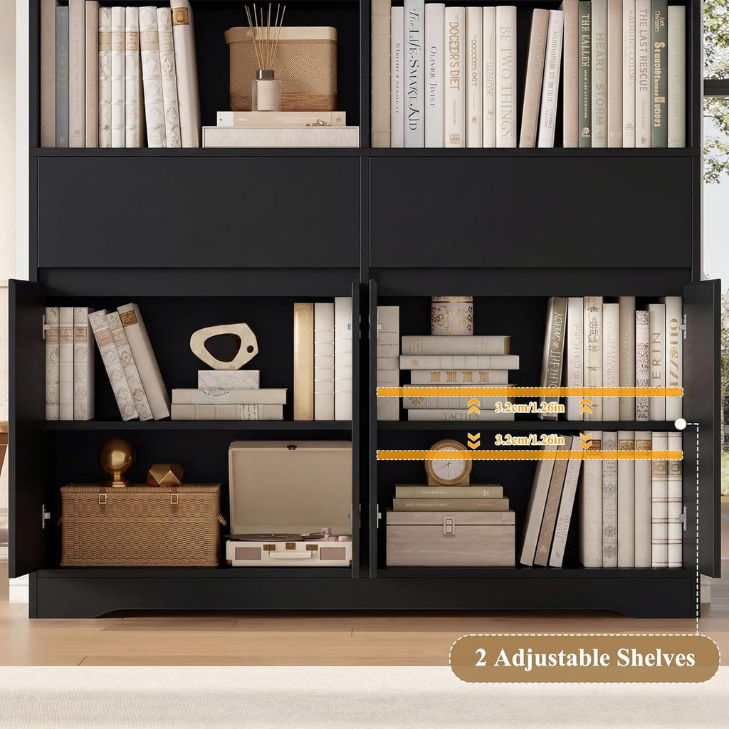 FOTOSOK 69" H × 47.2" W Tall Bookshelf with Doors, 6-Tier Double Wide Bookshelves and Bookcases with Storage, Tall Bookshelf Large Open Book Shelf Storage Cabinets for Home Office