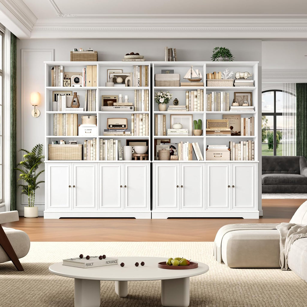FOTOSOK 73" White Bookshelf with Doors, 6 Tier Tall Bookshelf, 47.2" Double Wide Farmhouse Bookshelves and Bookcases, Large Open Book Shelf Storage Cabinets for Home Office