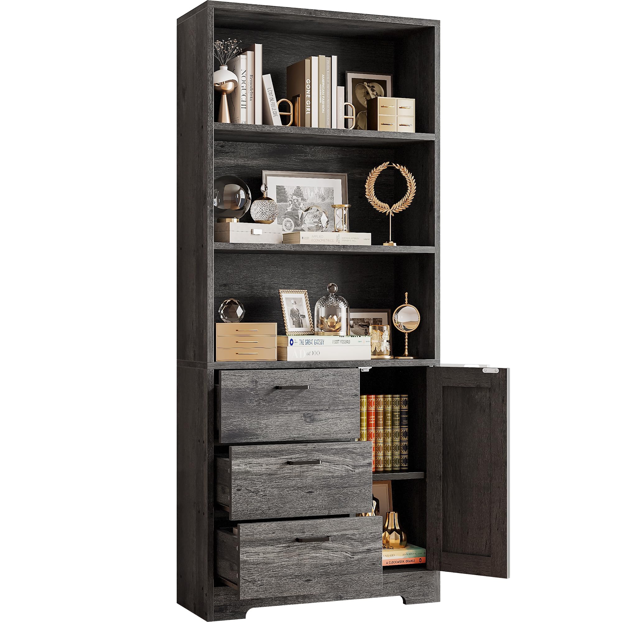 IRONCK Bookshelf with Drawers, 71 in Tall Bookcase with Doors and 3-Tier Shelves, for Bedroom Living Room Entrance Hallway Home Office