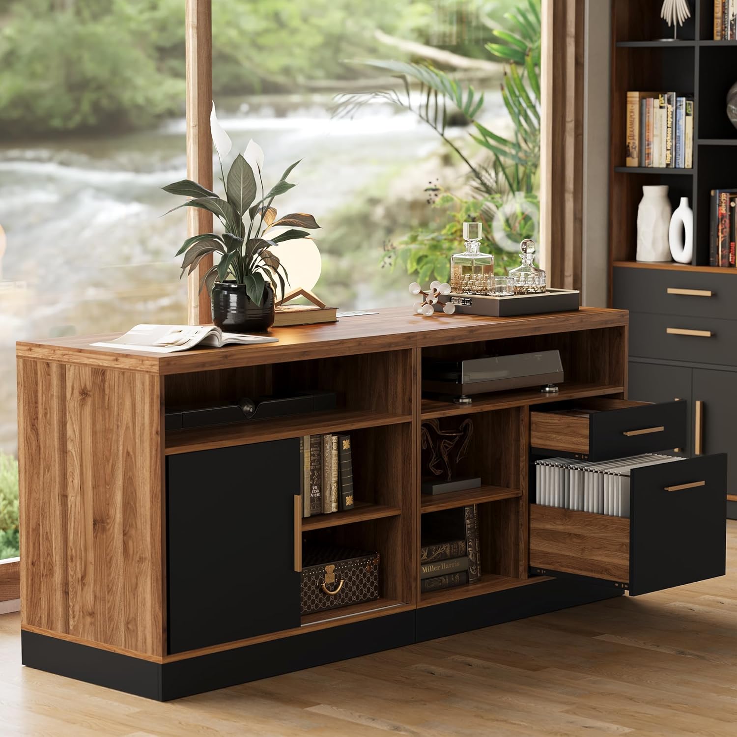 ModernMate Lateral File Cabinet with Lock,Home Office Furniture Storage Cabinet w/2 Drawers for A4 / Letter Documents, Wide Credenza w/Built-in Power Outlet, Fashion TV Stand Organizer Black Walnut