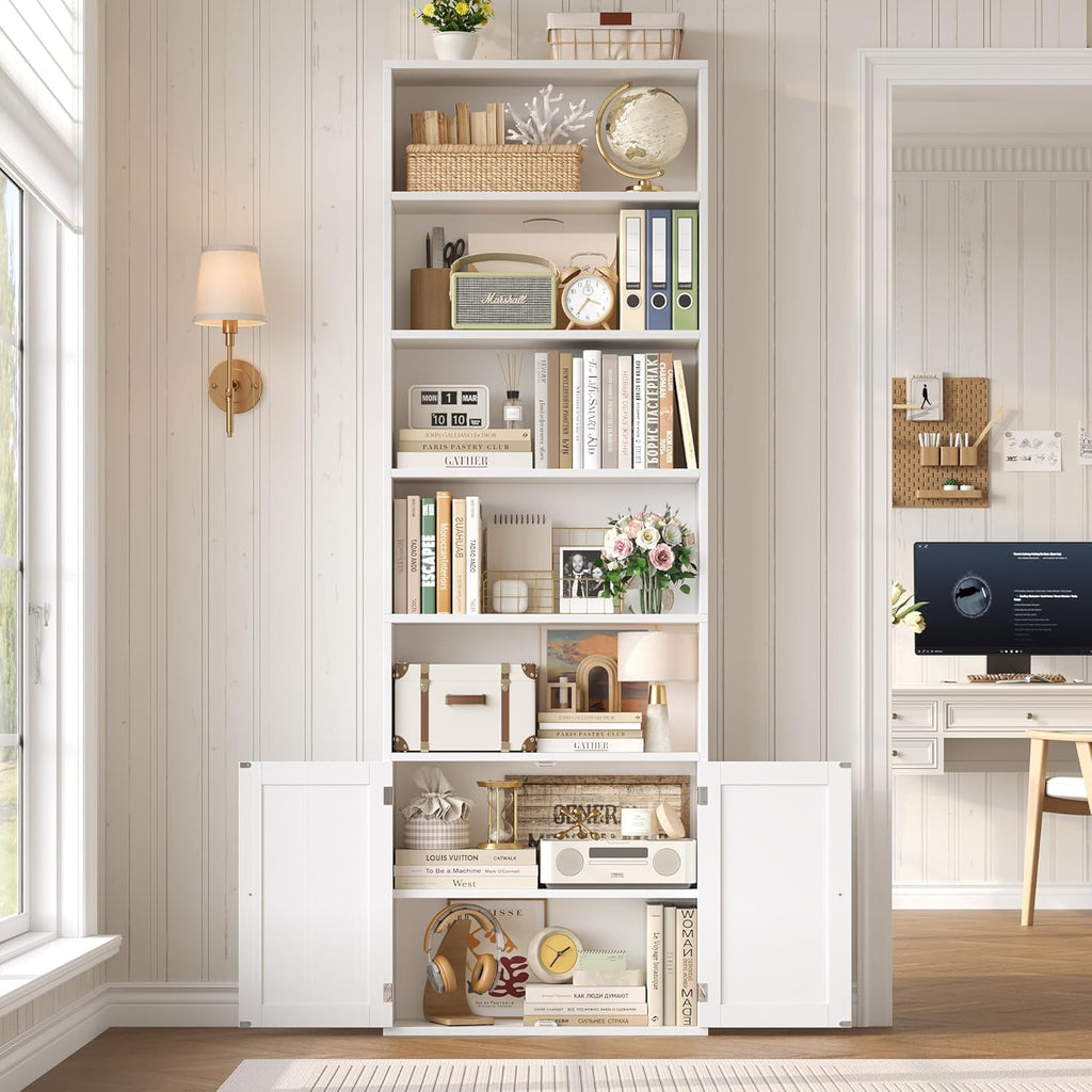 FACBOTALL 82" Tall Bookcase and Book Shelf, 24" Wide Bookshelf with Doors, 7 Tier Bookcase with Storage and Adjustable Shelf, Open and Display Farmhouse Bookshelf for Living Room, Home Office, White
