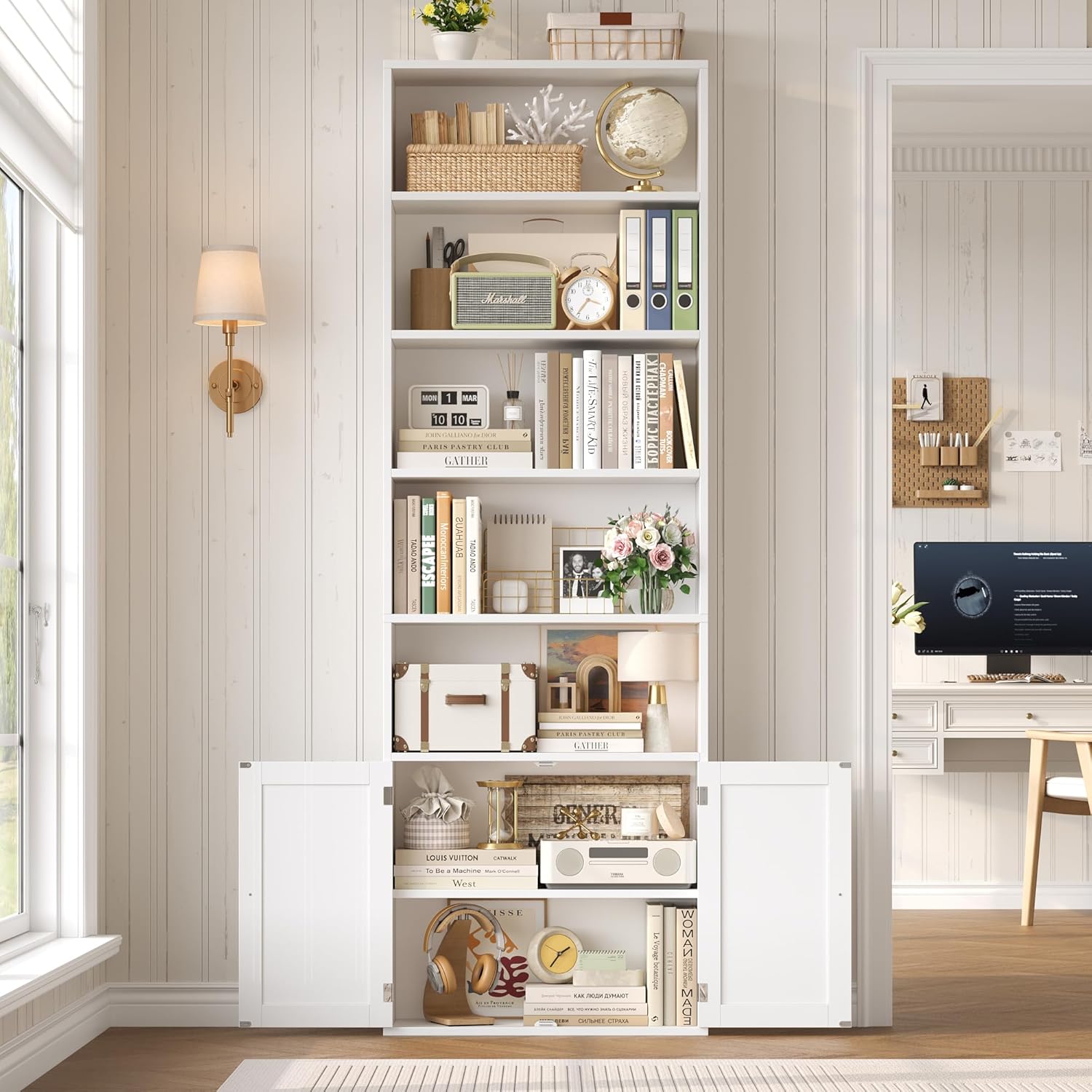 FACBOTALL 82" Tall Bookcase and Book Shelf, 24" Wide Bookshelf with Doors, 7 Tier Bookcase with Storage and Adjustable Shelf, Open and Display Farmhouse Bookshelf for Living Room, Home Office, White