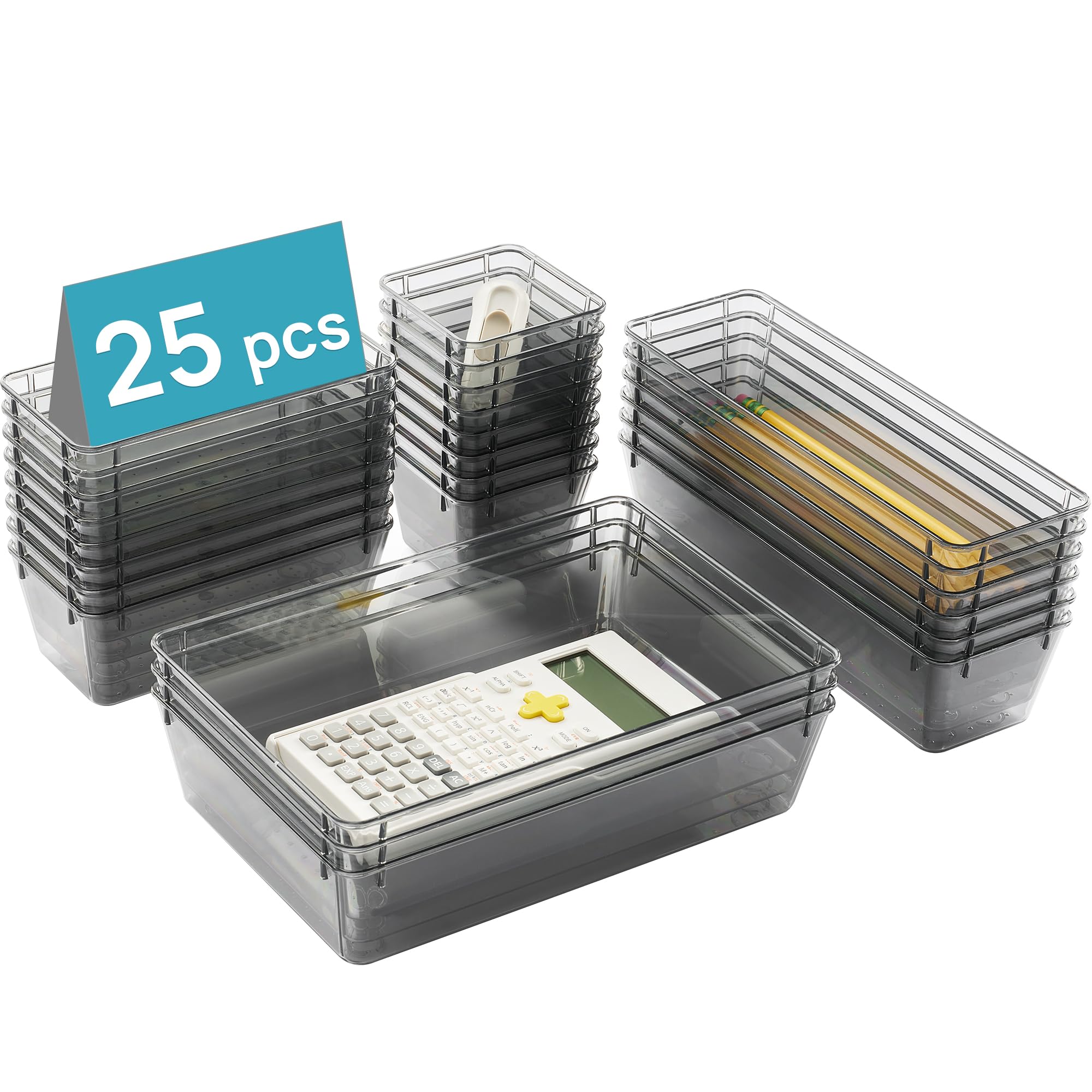 Vtopmart 25 PCS Plastic Drawer Organizers Set, 4-Size Versatile Bathroom and Vanity Drawer Organizer Trays, Storage Bins for Makeup, Bedroom, Kitchen Gadgets Utensils and Office