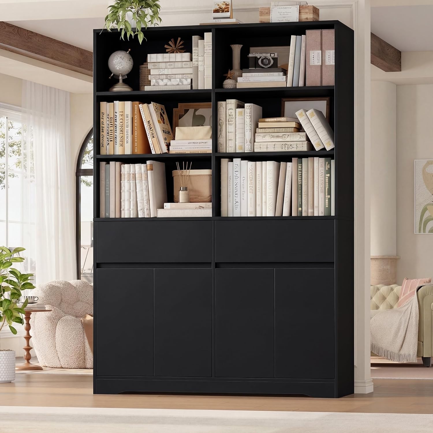 FOTOSOK 69" H × 47.2" W Tall Bookshelf with Doors, 6-Tier Double Wide Bookshelves and Bookcases with Storage, Tall Bookshelf Large Open Book Shelf Storage Cabinets for Home Office